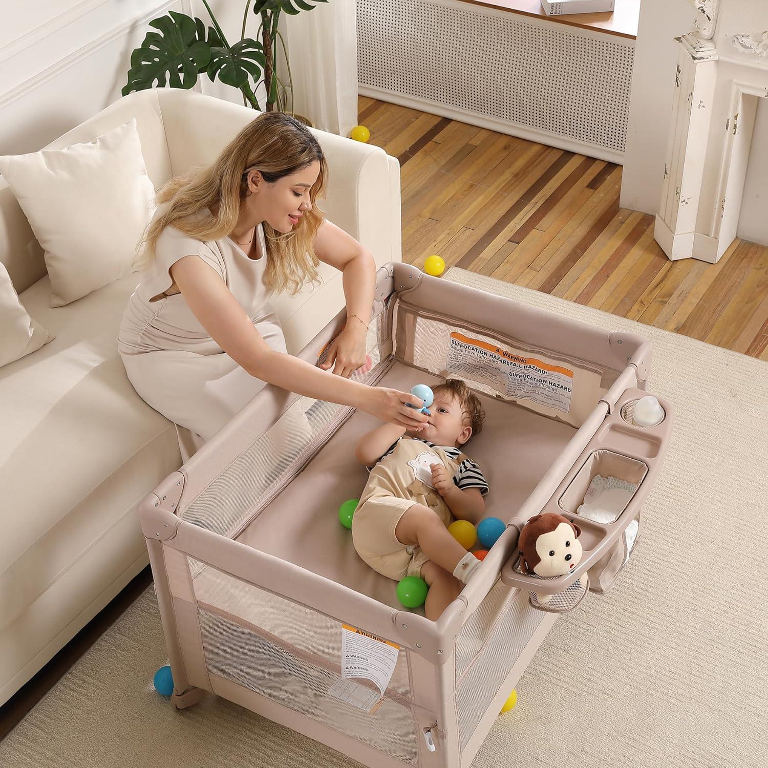 Cuna de Viaje 5 en 1 Jekeu, Parque Infantil Plegable Champán