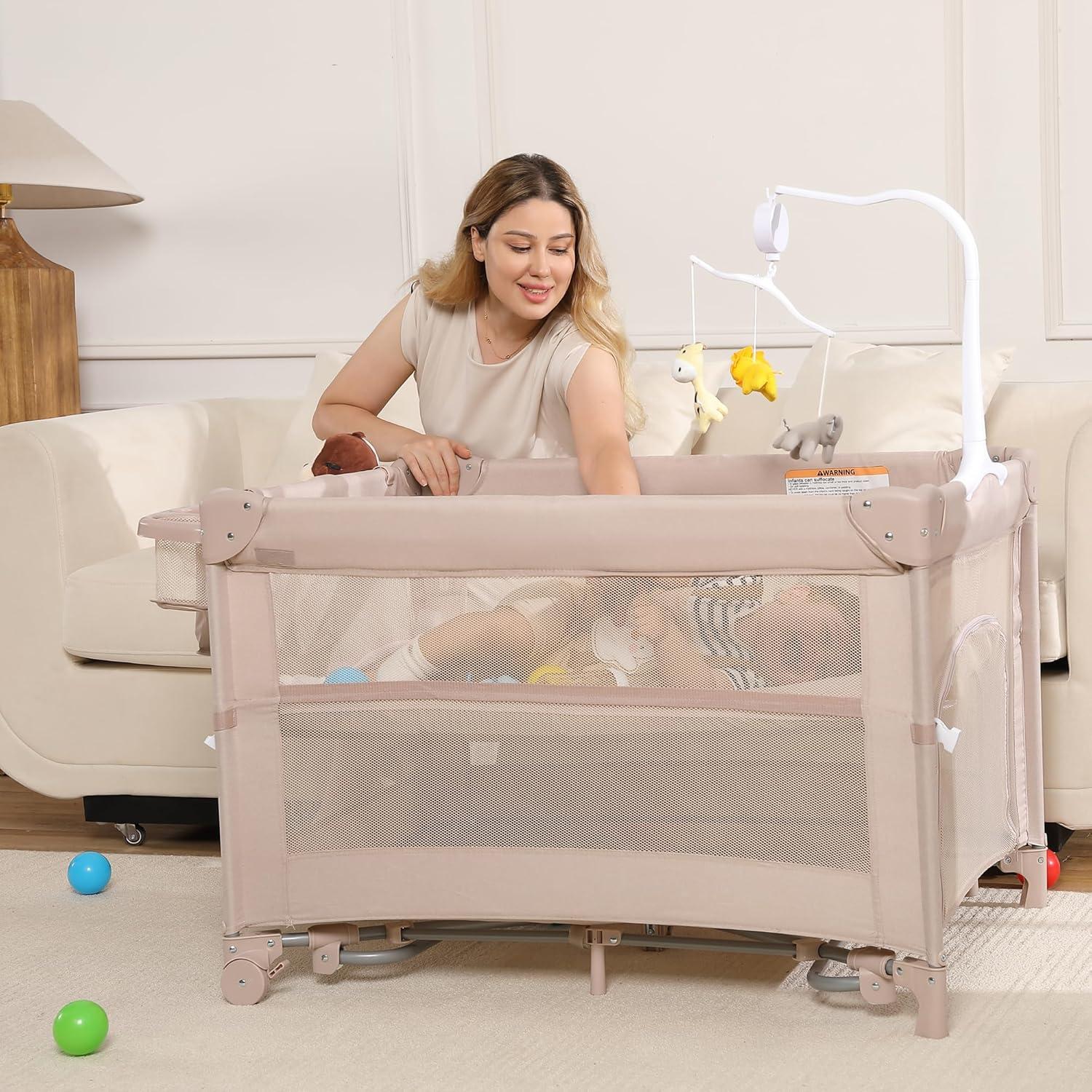 Cuna de Viaje 5 en 1 Jekeu, Parque Infantil Plegable Champán