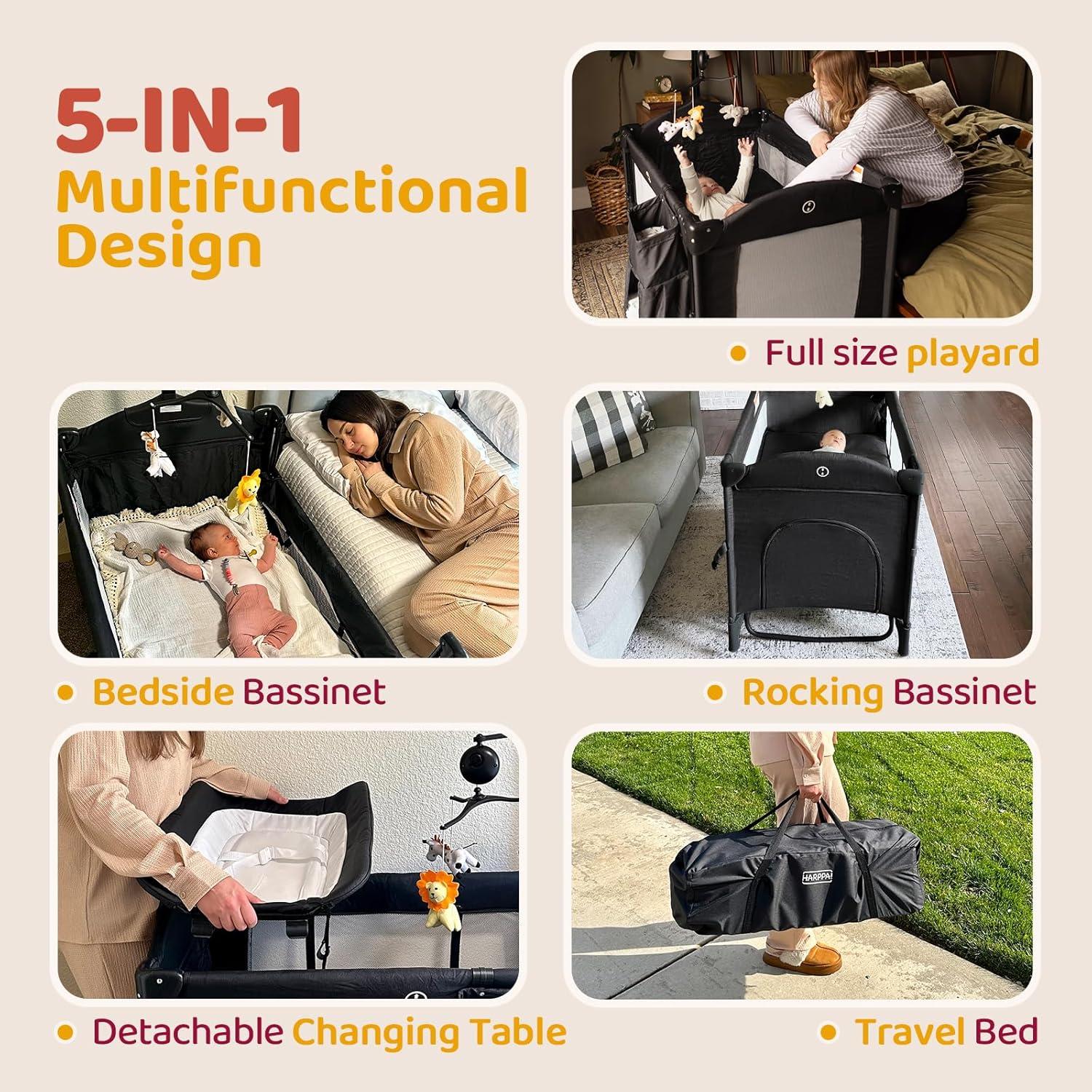 Cuna portátil 5 en 1 HARPPA negra con cambiador y ruedas