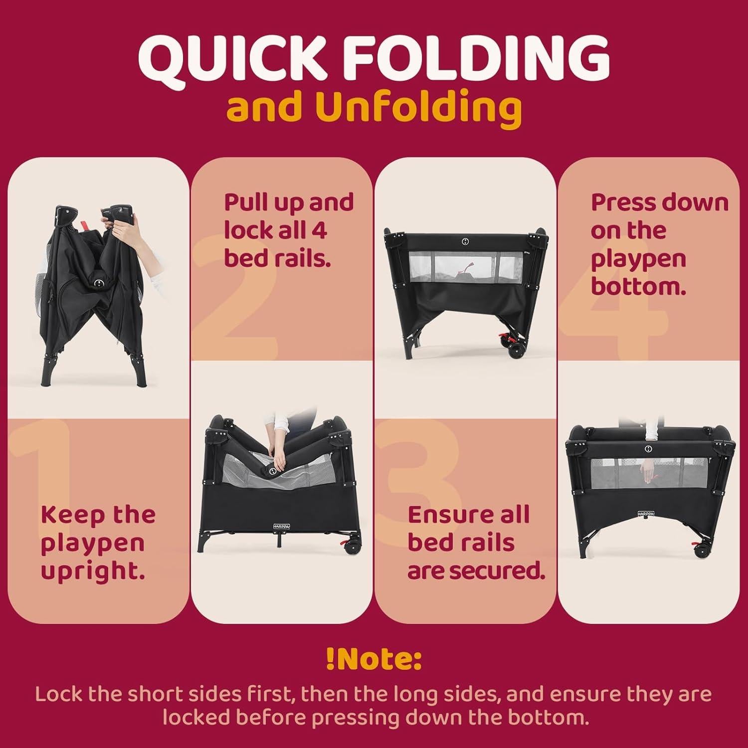 Cuna portátil 5 en 1 HARPPA negra con cambiador y ruedas