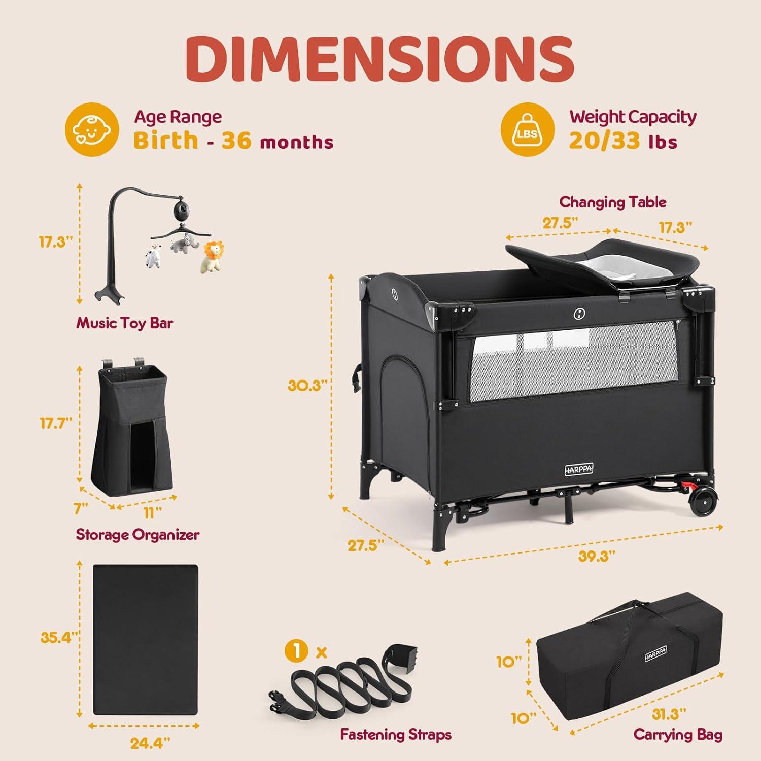 Cuna portátil 5 en 1 HARPPA negra con cambiador y ruedas