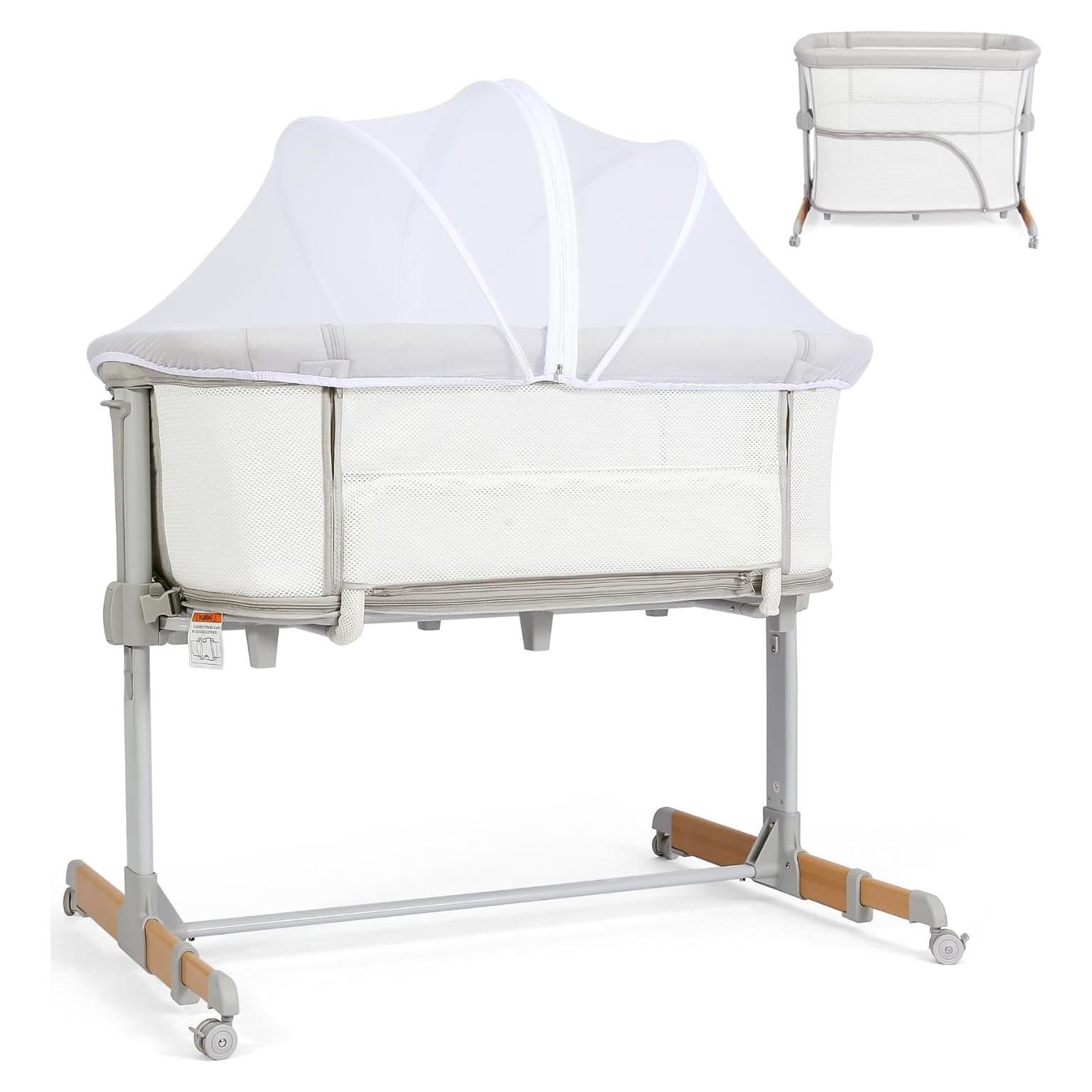 Cuna Lateral 3 en 1 Bicystar Gris con Colchón y Ruedas