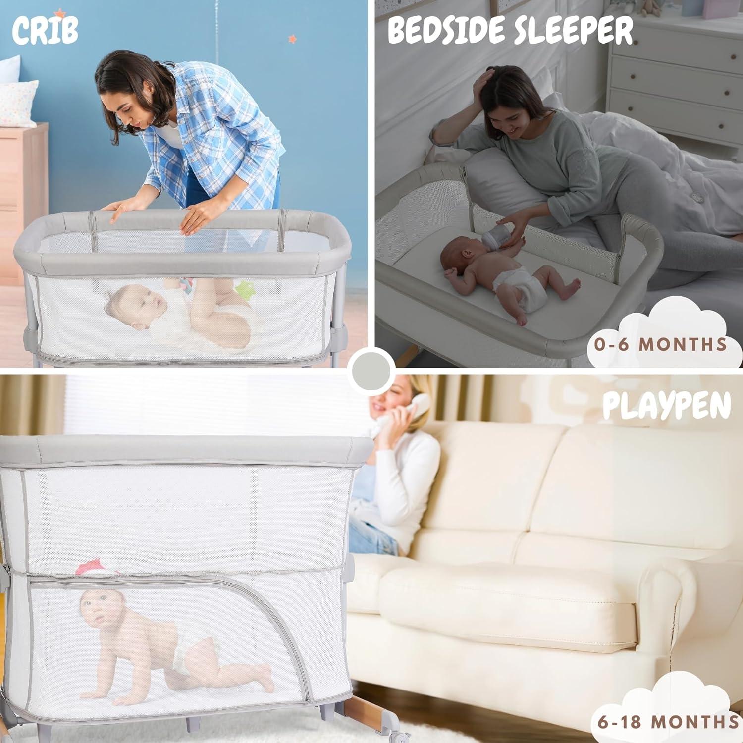 Cuna Lateral 3 en 1 Bicystar Gris con Colchón y Ruedas