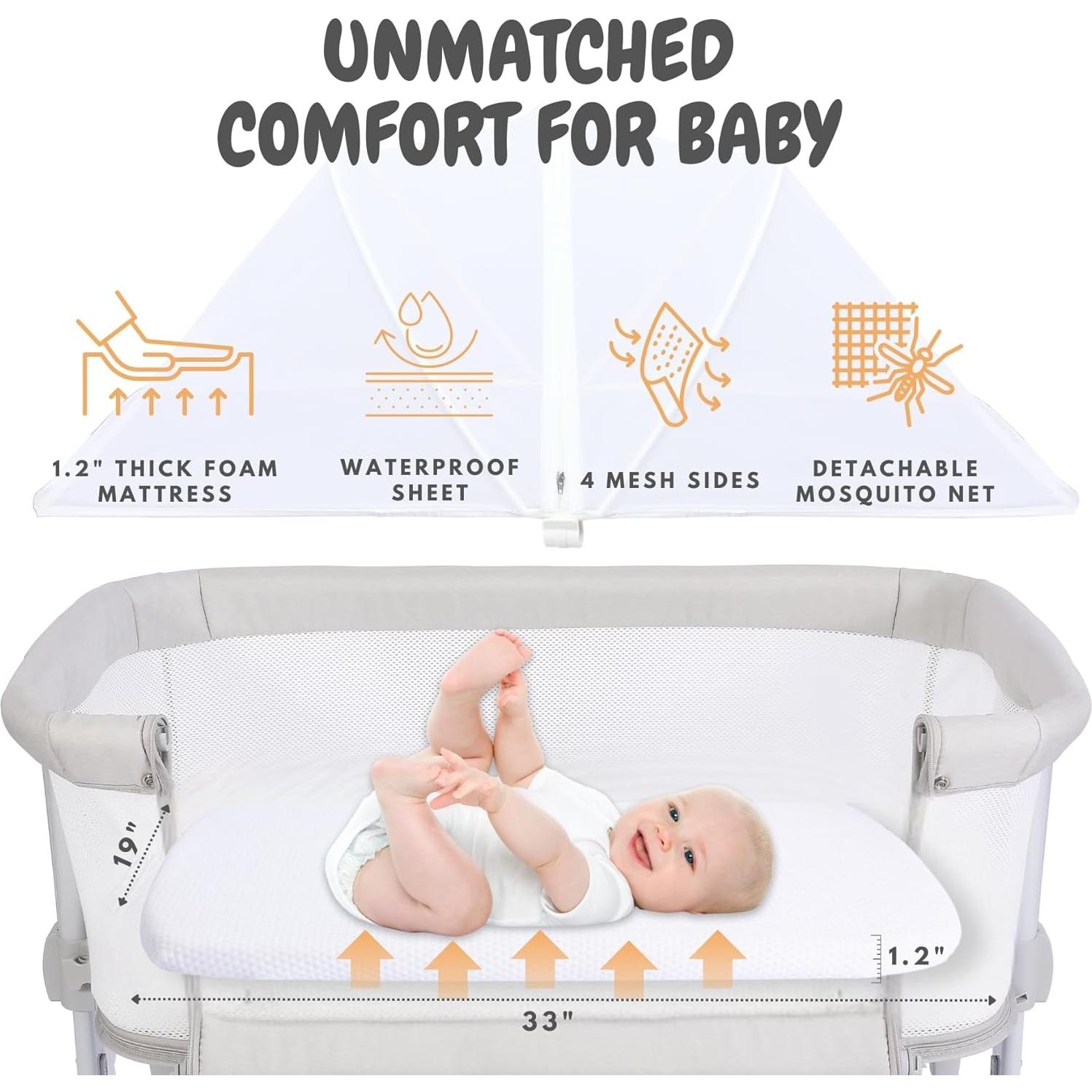 Cuna Lateral 3 en 1 Bicystar Gris con Colchón y Ruedas