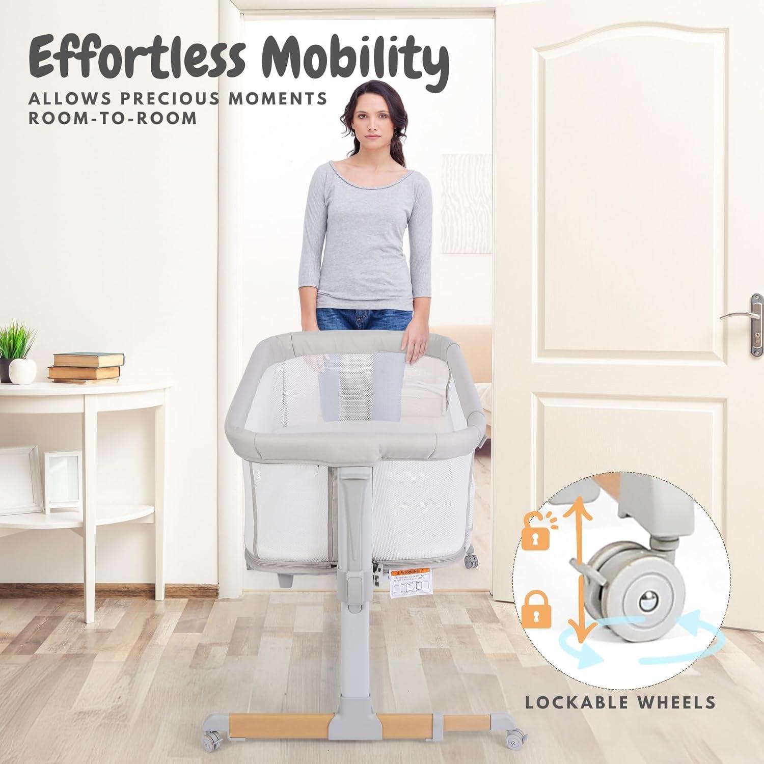 Cuna Lateral 3 en 1 Bicystar Gris con Colchón y Ruedas