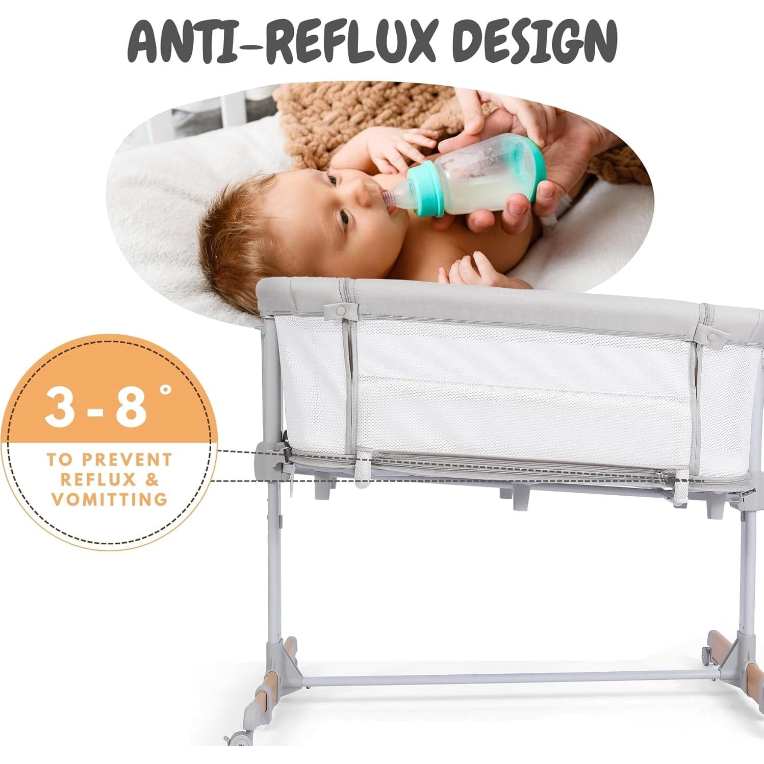 Cuna Lateral 3 en 1 Bicystar Gris con Colchón y Ruedas