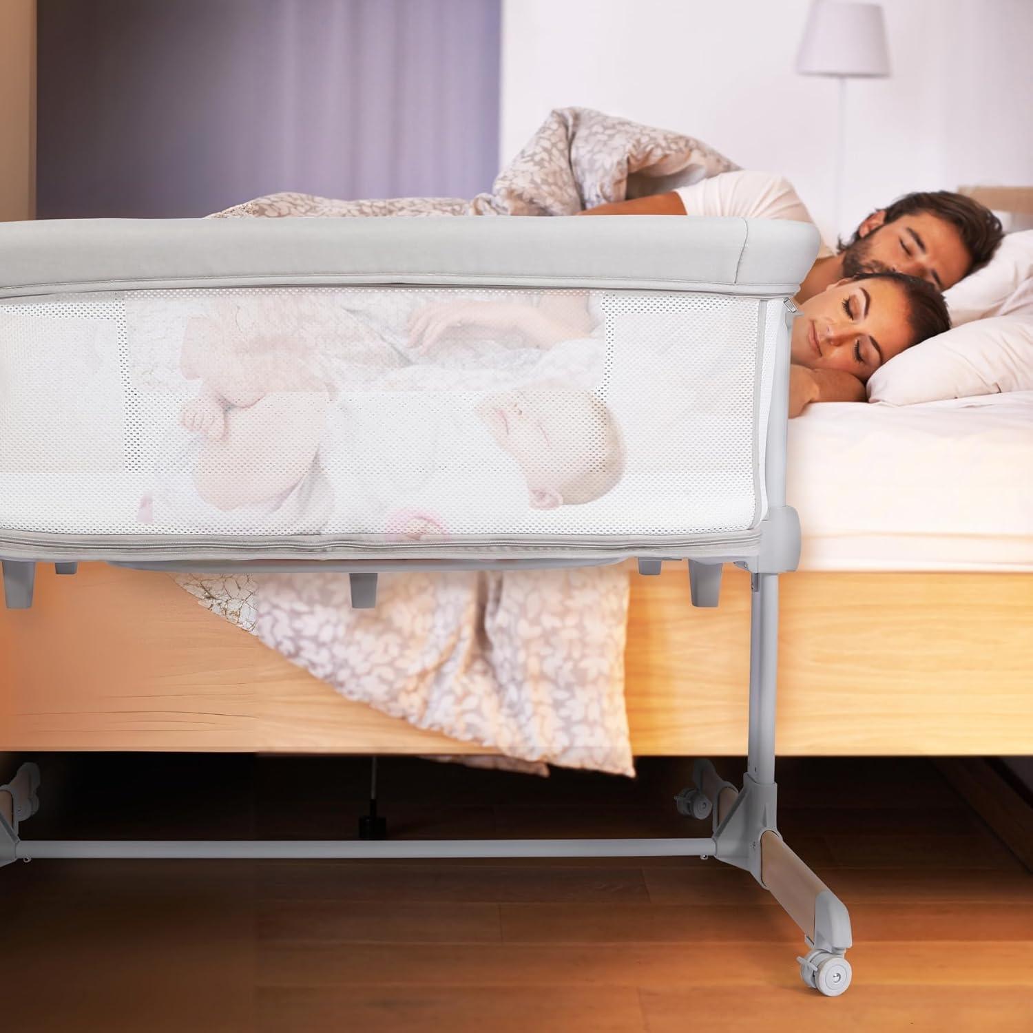 Cuna Lateral 3 en 1 Bicystar Gris con Colchón y Ruedas