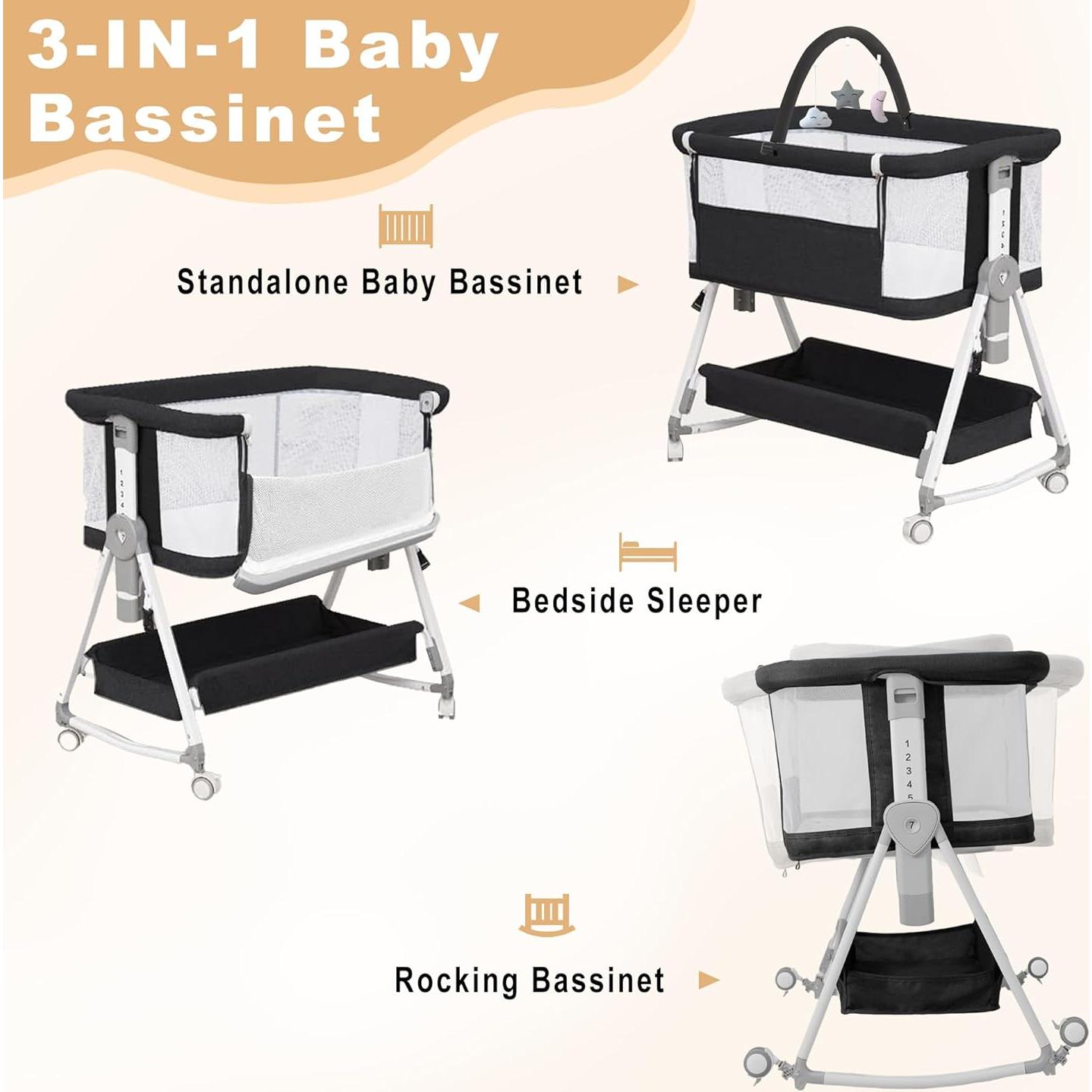 Cuna Lateral 3 en 1 MEICHYUN Negra Plegable con Juguetes