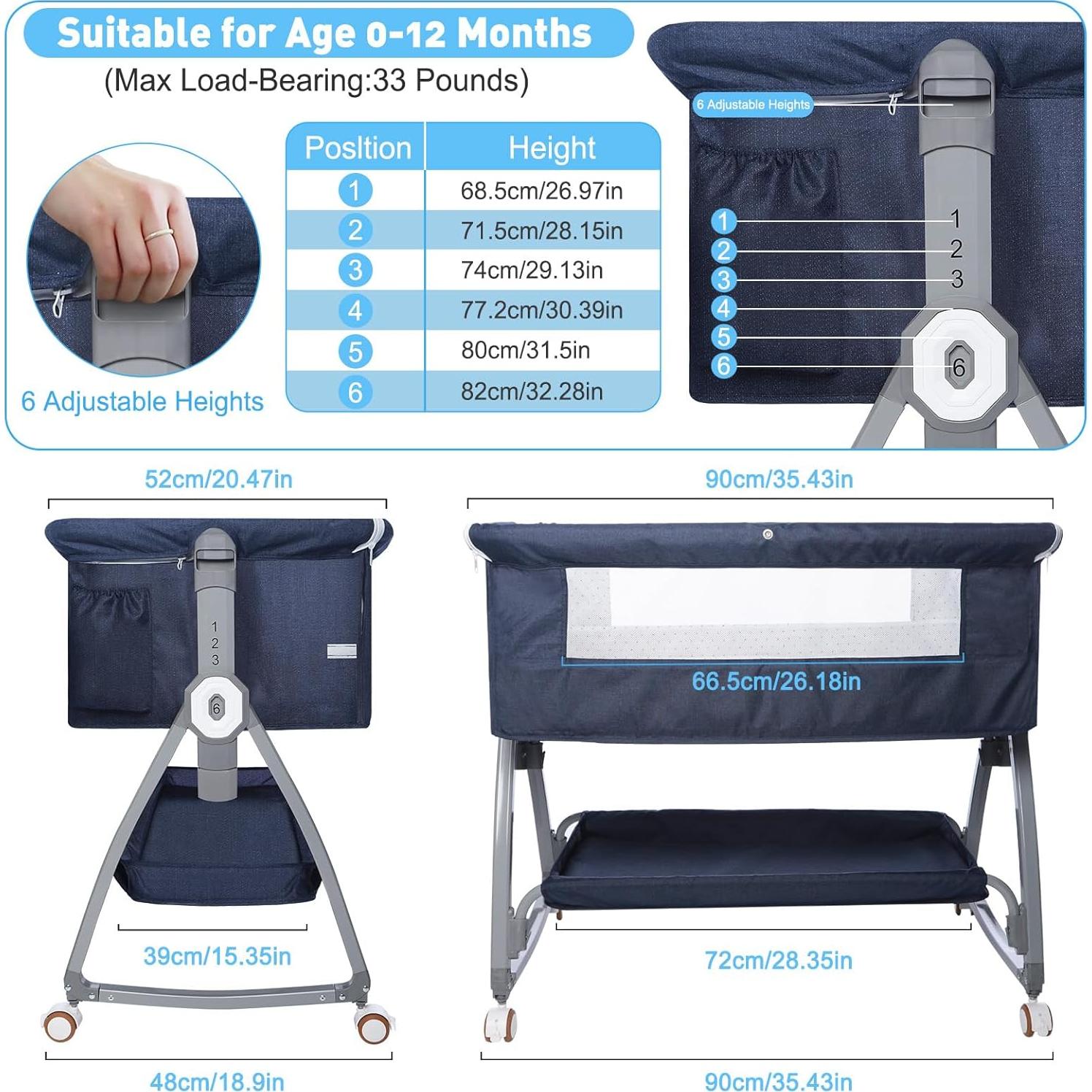 Cuna Lateral Nujett Ajustable 3 en 1 para Bebés Azul Marino