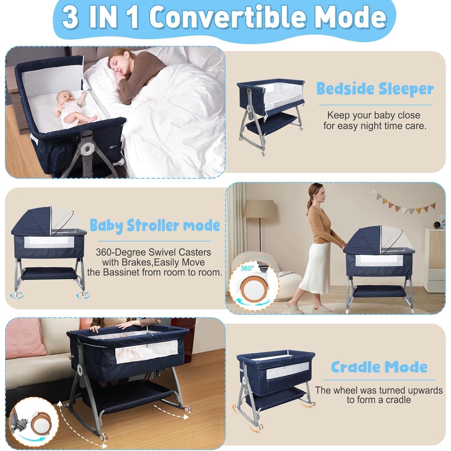 Cuna Lateral Nujett Ajustable 3 en 1 para Bebés Azul Marino