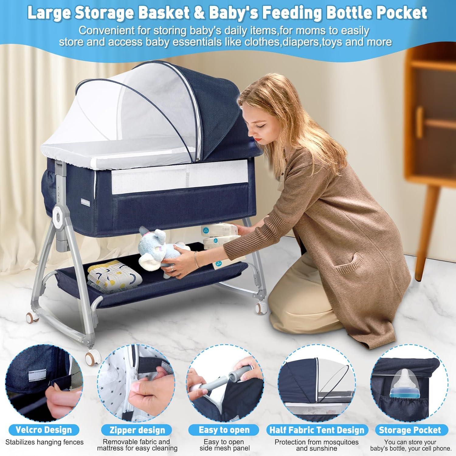 Cuna Lateral Nujett Ajustable 3 en 1 para Bebés Azul Marino