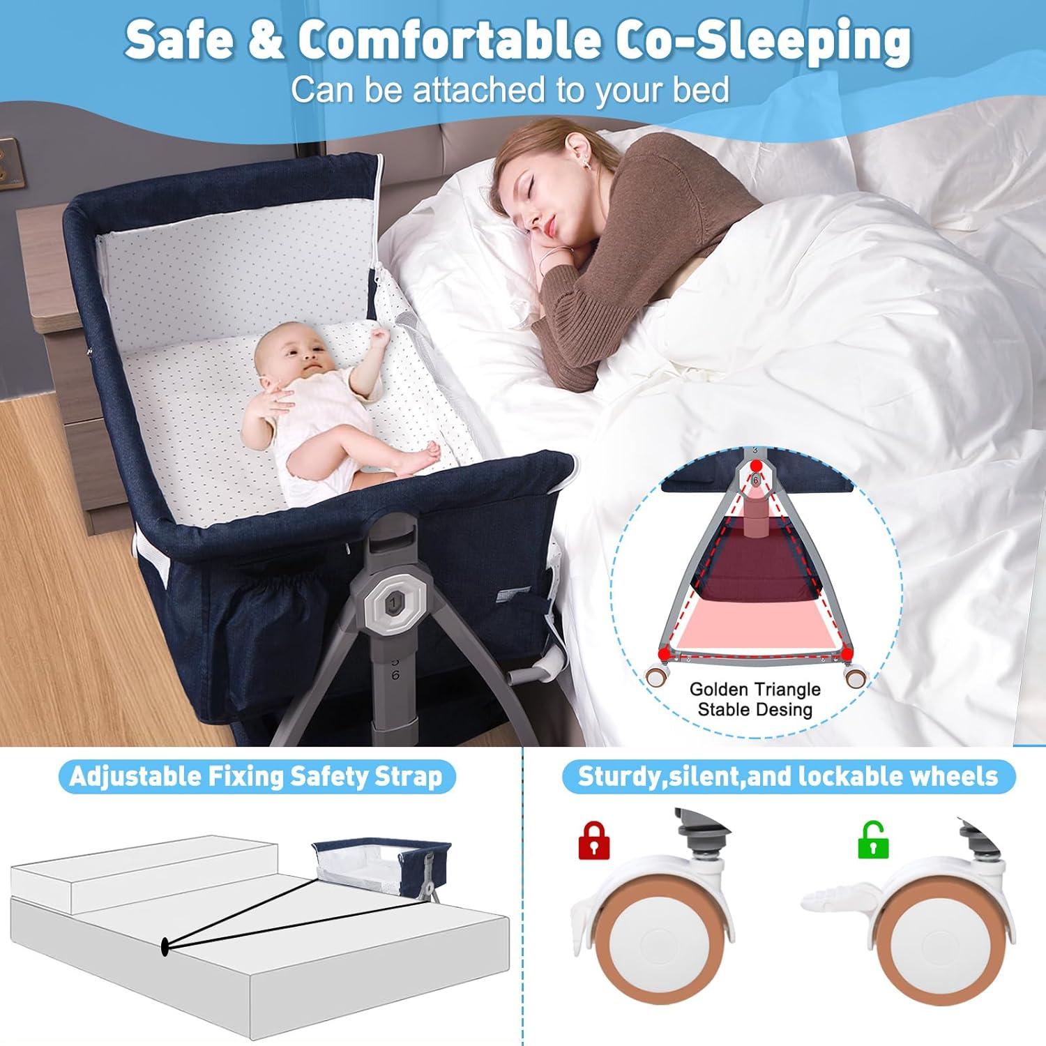 Cuna Lateral Nujett Ajustable 3 en 1 para Bebés Azul Marino