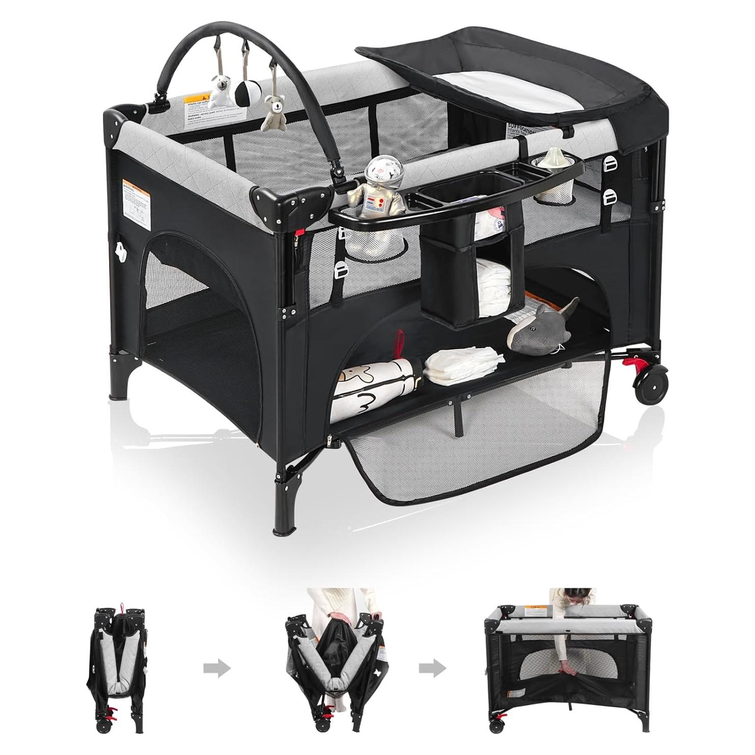 Cuna de Bebé 4 en 1 YoYiCuna Negra con Colchón Impermeable