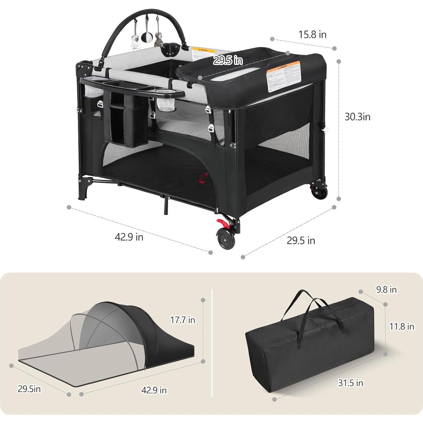 Cuna de Bebé 4 en 1 YoYiCuna Negra con Colchón Impermeable