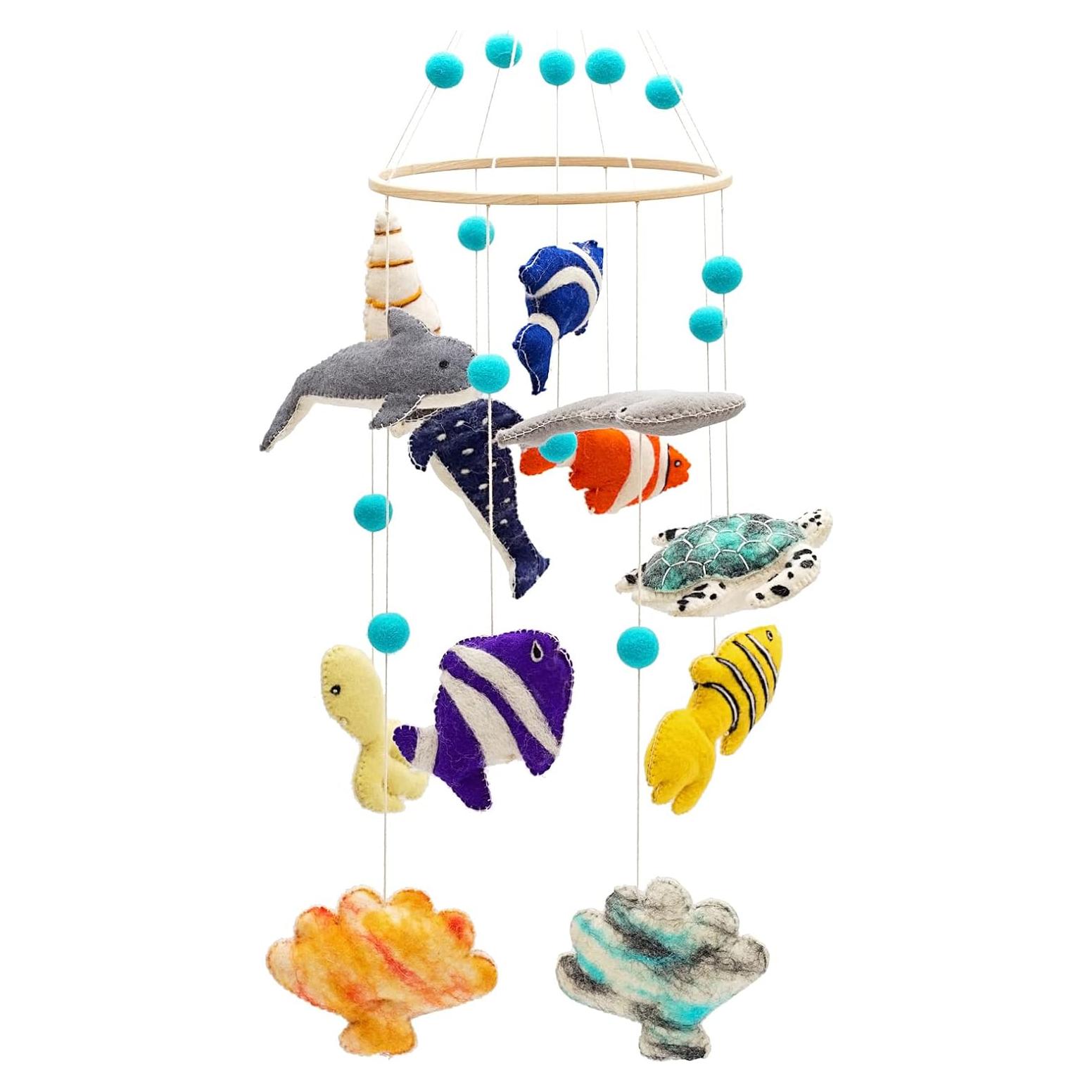 Glaciart One Ocean Nursery Mobile - Colorful Decor for Crib, Baby Rooms - Handmade, Child-Safe Wood, Felt Wool & Cotton - Ocean Themed Decoration for Girls & Boys - 10x24Inch, 60Inch Hanging String