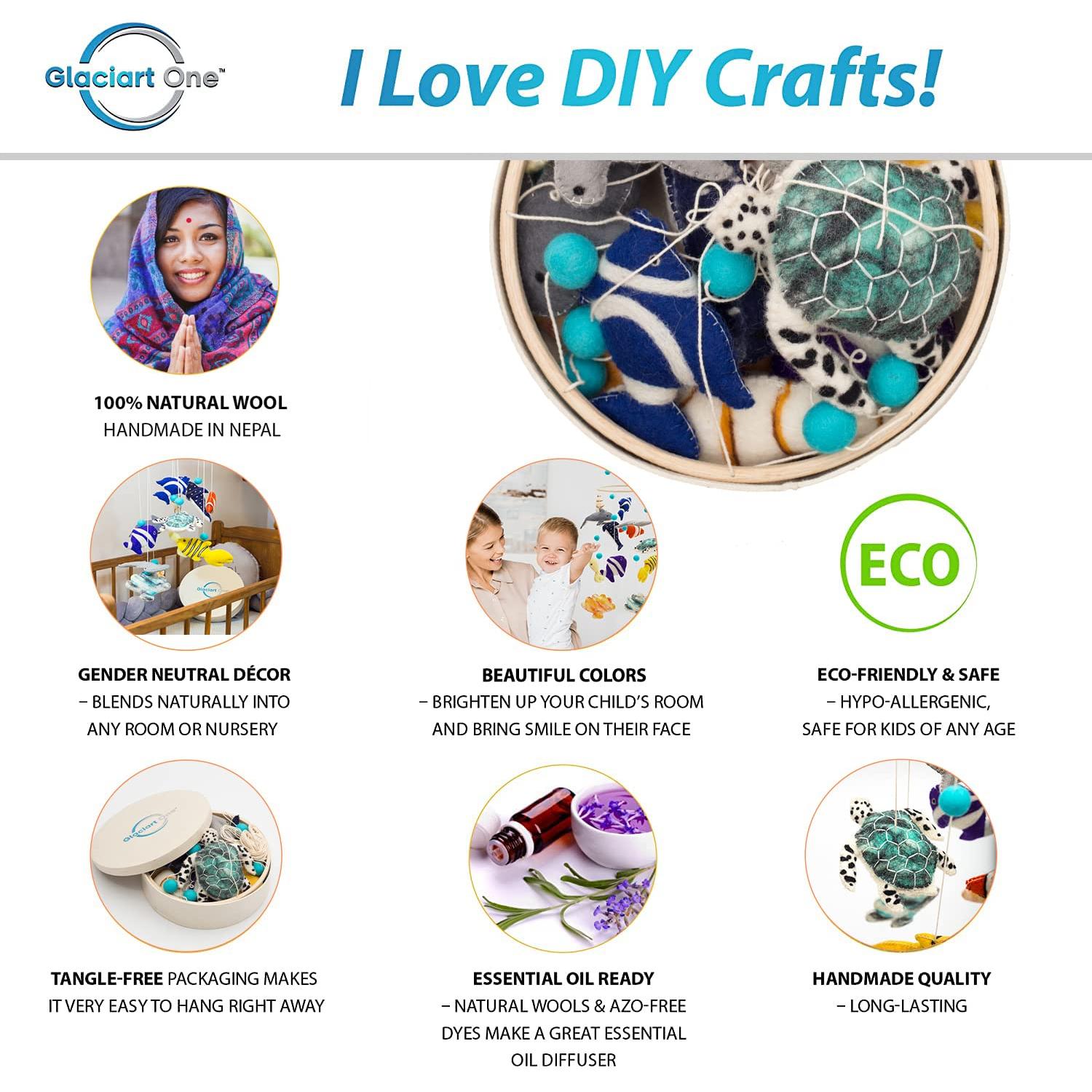 Glaciart One Ocean Nursery Mobile - Colorful Decor for Crib, Baby Rooms - Handmade, Child-Safe Wood, Felt Wool & Cotton - Ocean Themed Decoration for Girls & Boys - 10x24Inch, 60Inch Hanging String