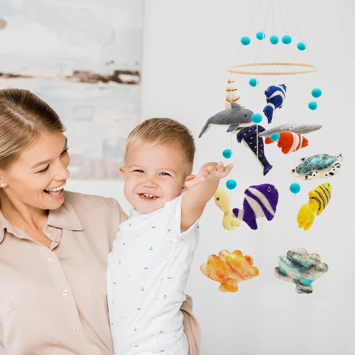 Glaciart One Ocean Nursery Mobile - Colorful Decor for Crib, Baby Rooms - Handmade, Child-Safe Wood, Felt Wool & Cotton - Ocean Themed Decoration for Girls & Boys - 10x24Inch, 60Inch Hanging String