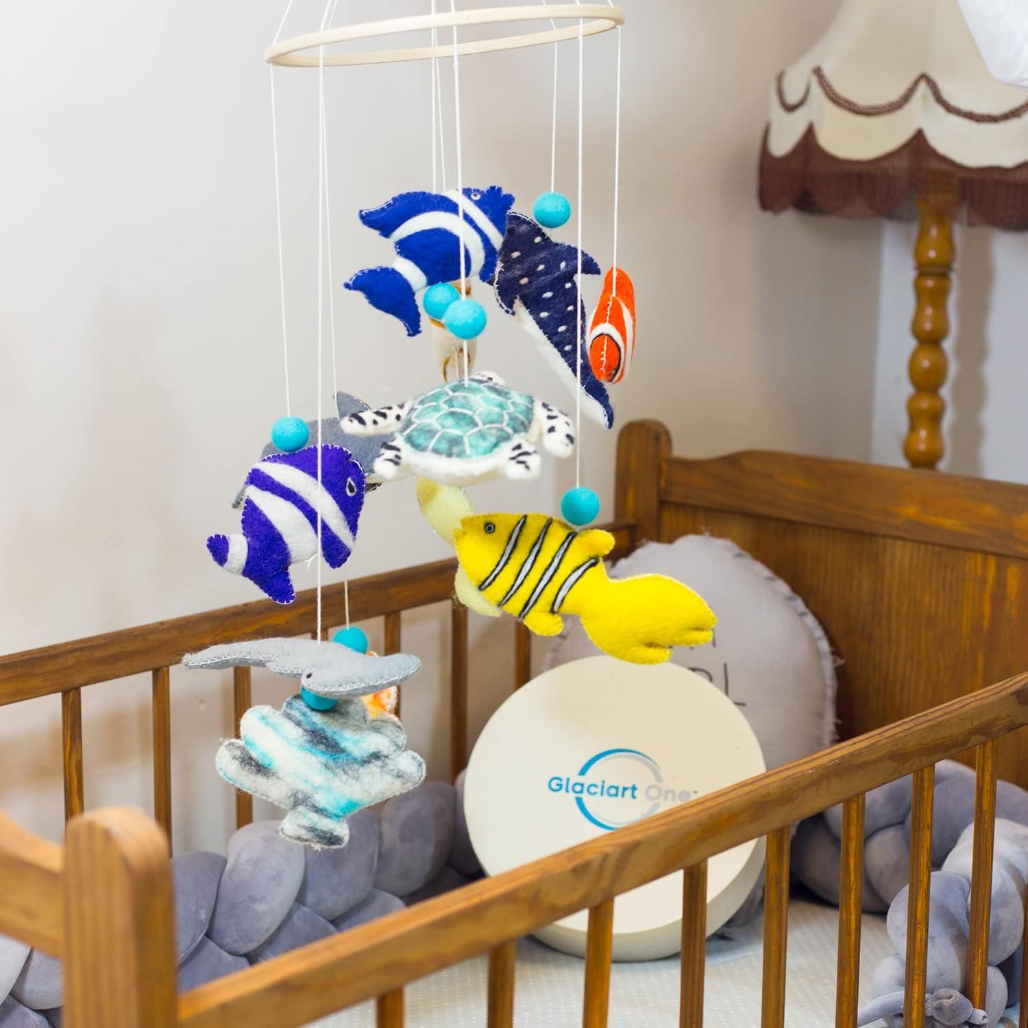 Glaciart One Ocean Nursery Mobile - Colorful Decor for Crib, Baby Rooms - Handmade, Child-Safe Wood, Felt Wool & Cotton - Ocean Themed Decoration for Girls & Boys - 10x24Inch, 60Inch Hanging String