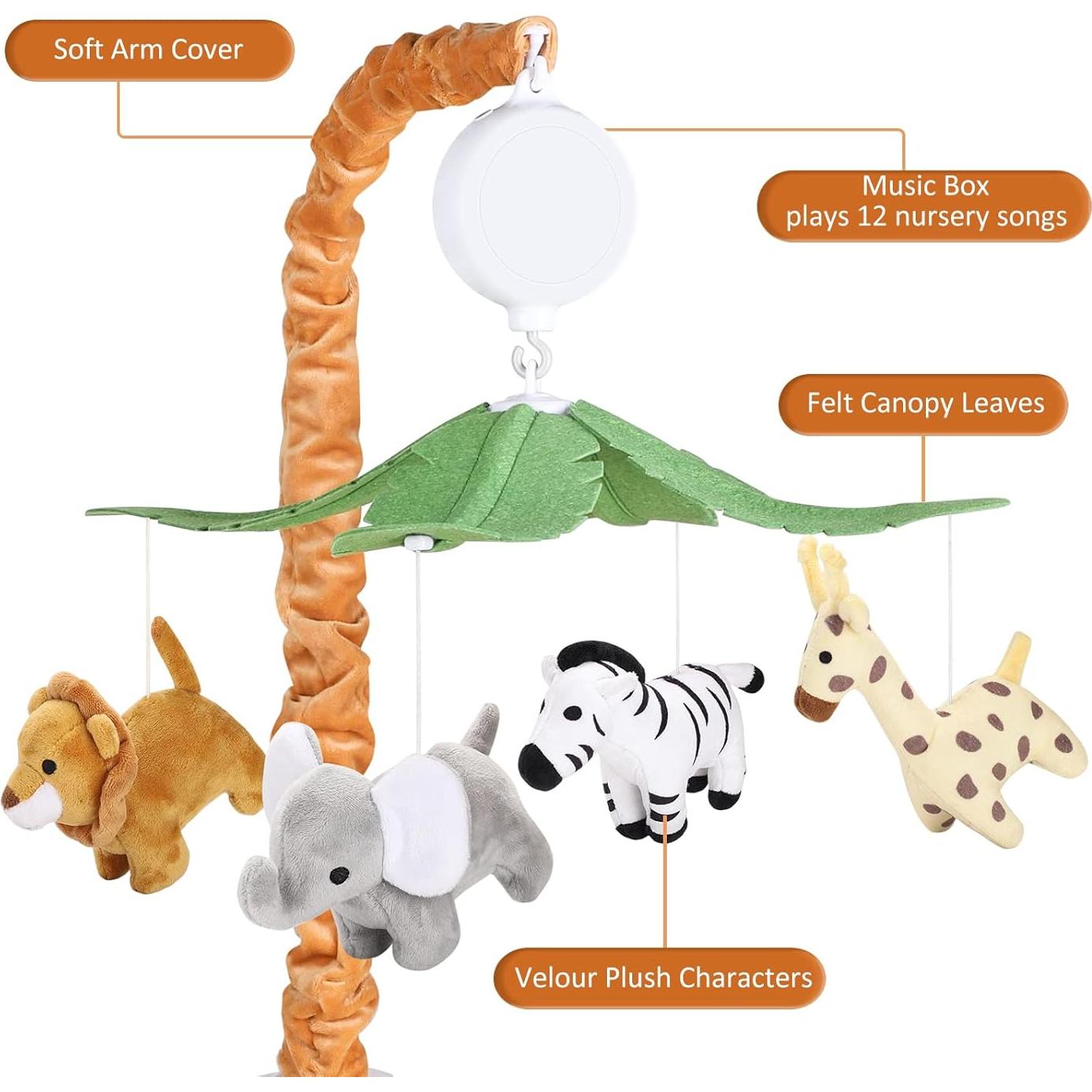 Móvil Musical de Cuna CLYMENE Animales de Safari 12 Canciones
