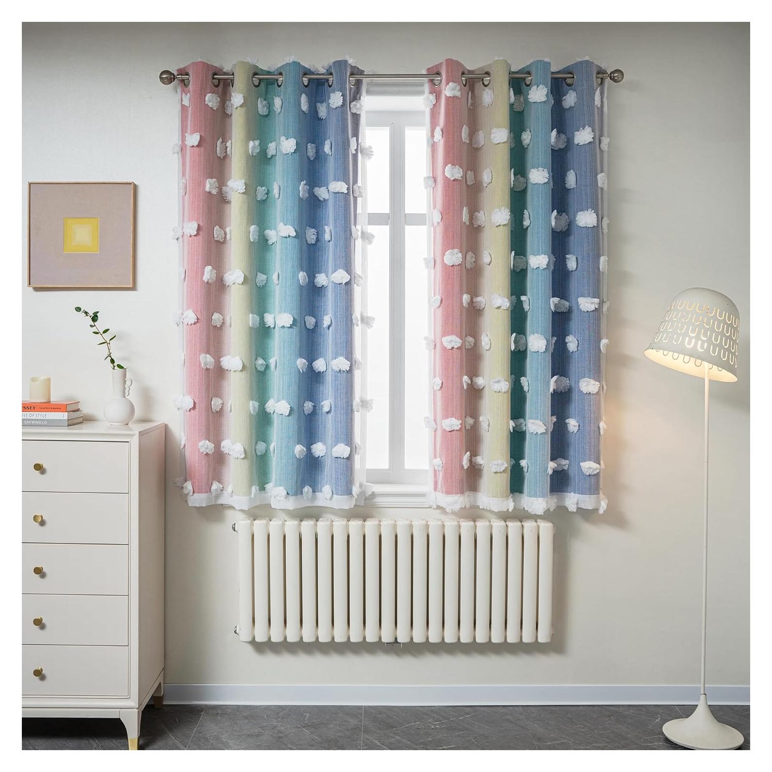 Cortinas Opacas de Pom Pom MYSKY HOME 52x63 cm Arcoíris 2 Paneles