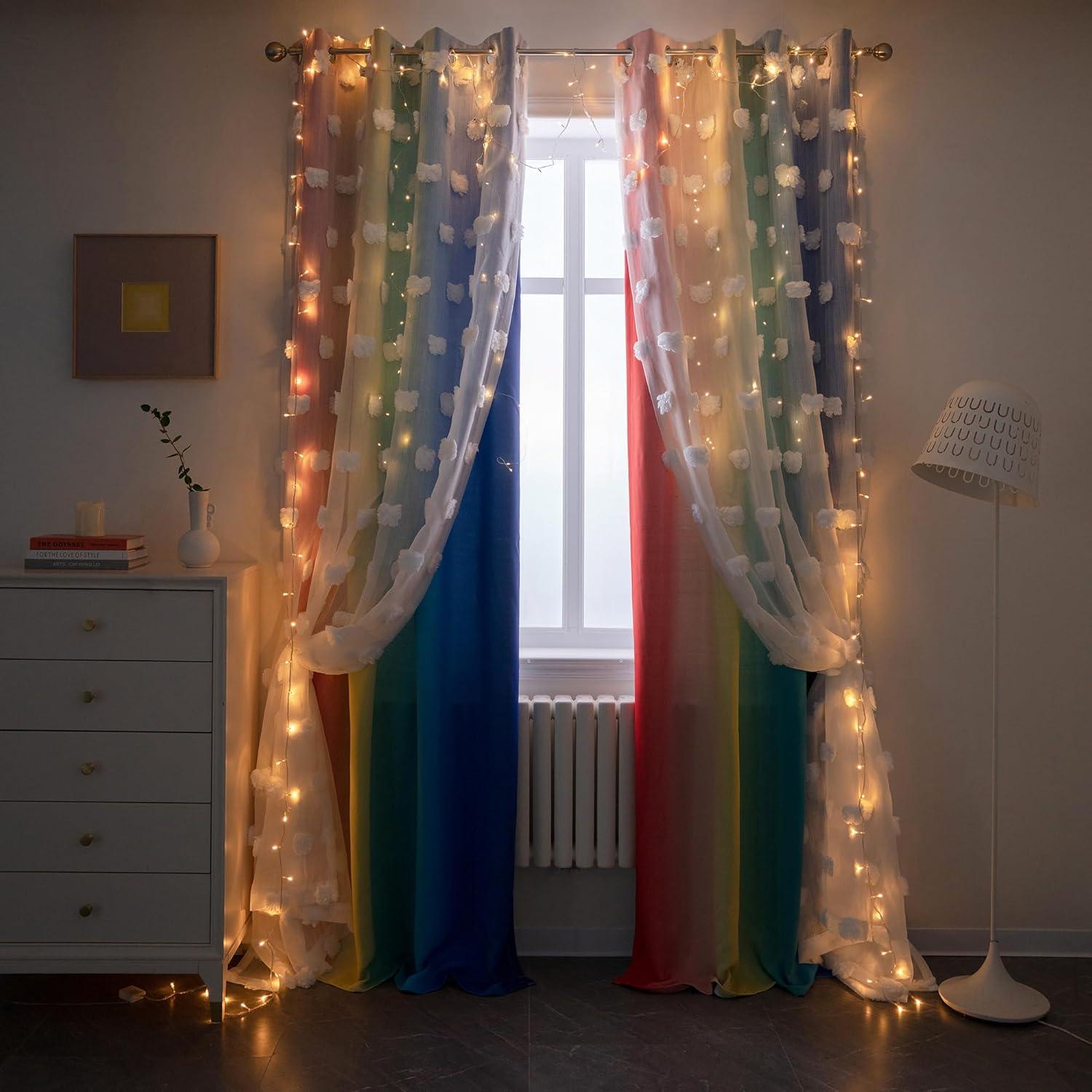 Cortinas Opacas de Pom Pom MYSKY HOME 52x63 cm Arcoíris 2 Paneles