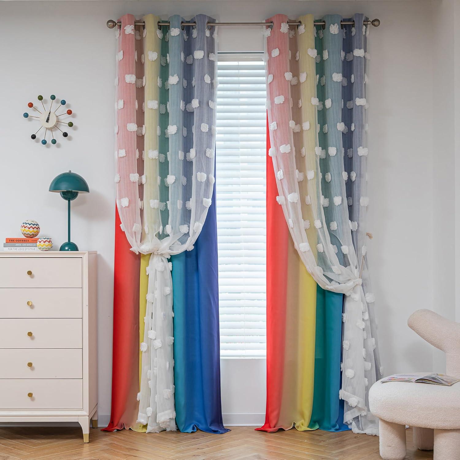 Cortinas Opacas de Pom Pom MYSKY HOME 52x63 cm Arcoíris 2 Paneles