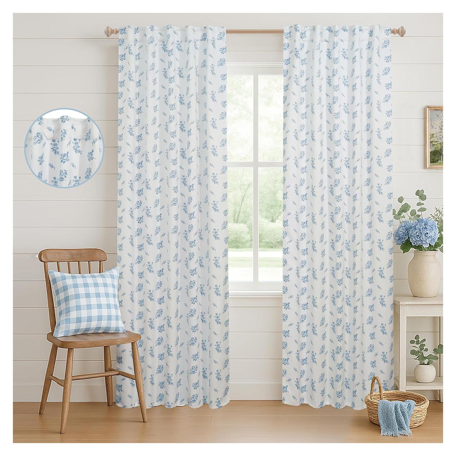 Cortinas Opacas Lino Rosa 213 cm Azul Floral para Dormitorio