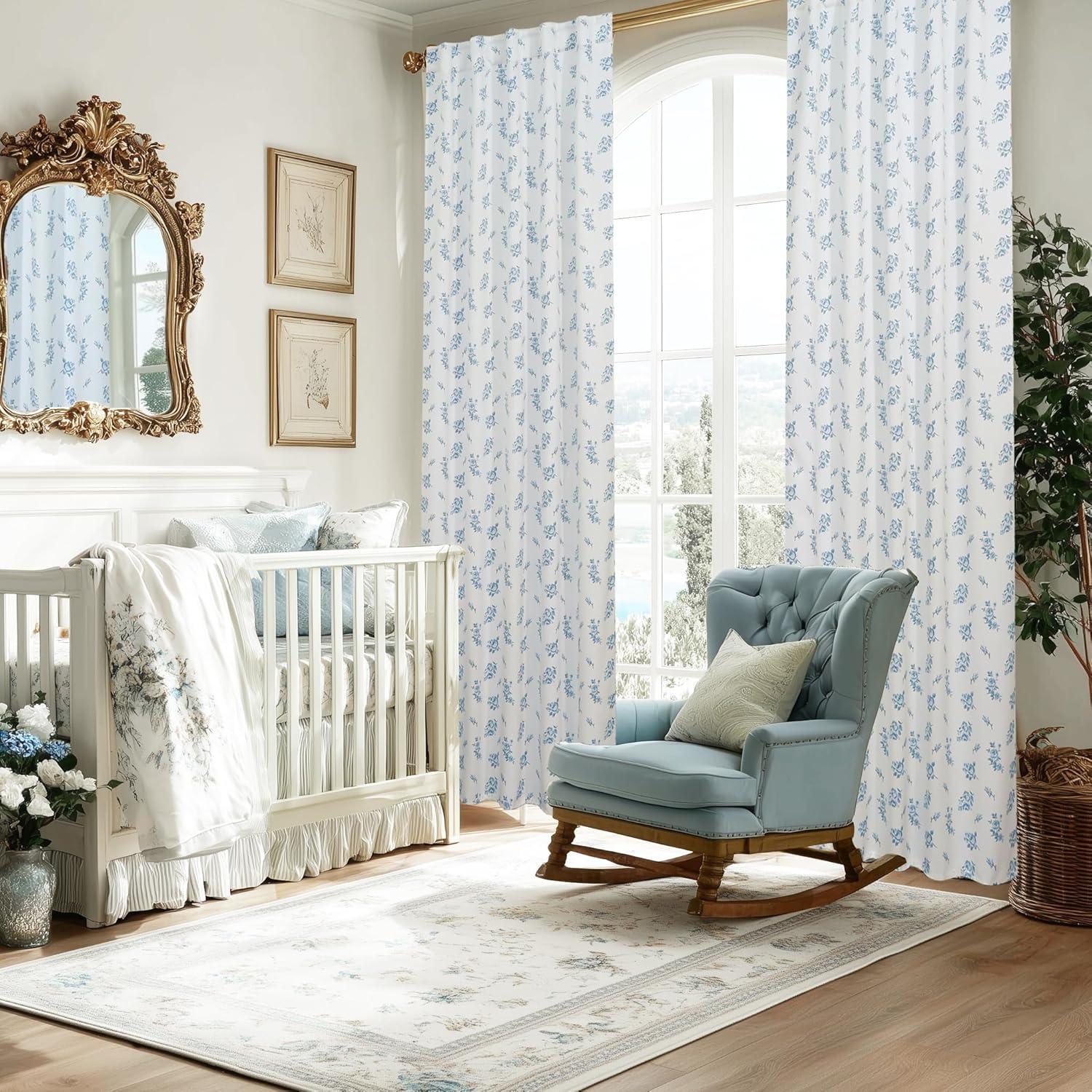 Cortinas Opacas Lino Rosa 213 cm Azul Floral para Dormitorio