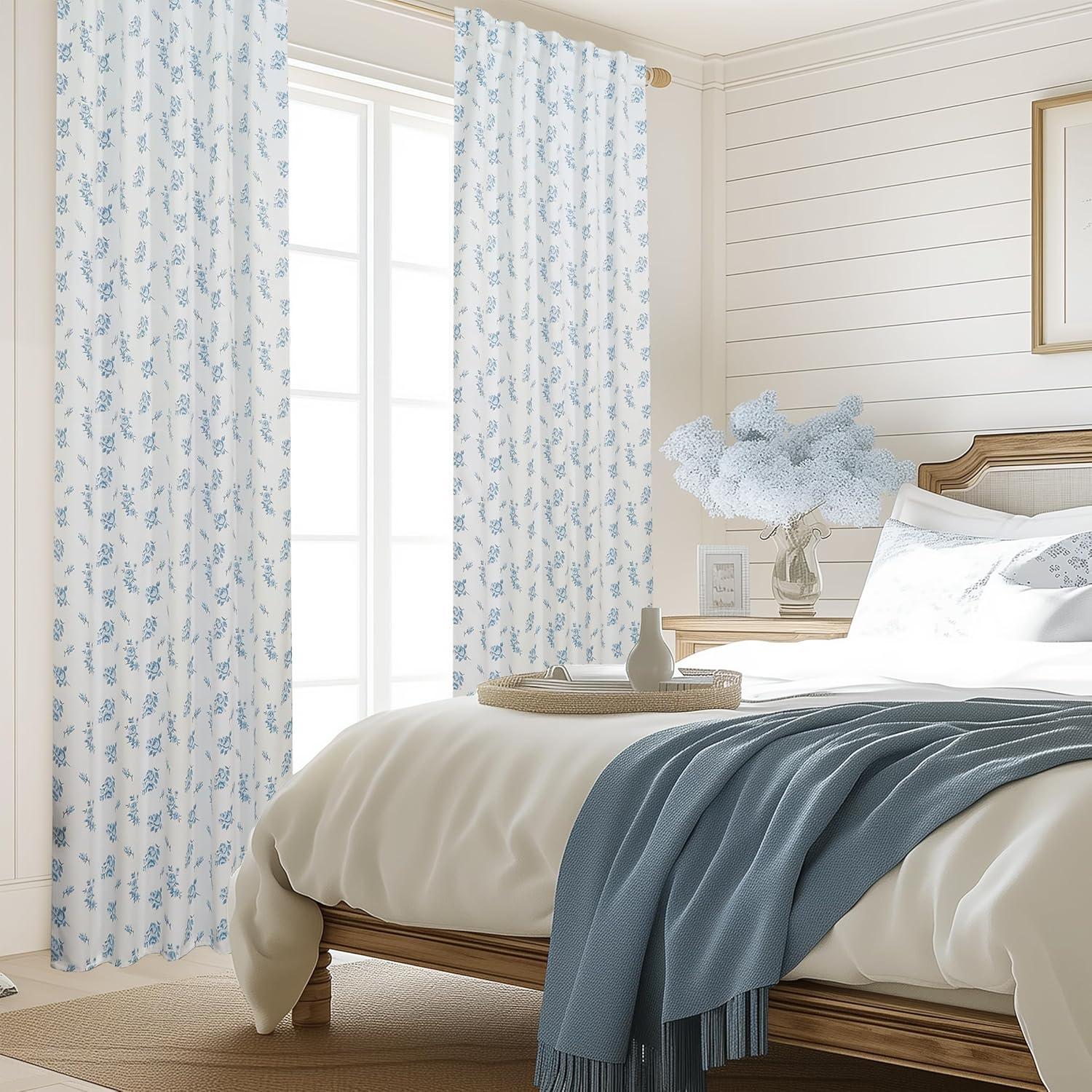 Cortinas Opacas Lino Rosa 213 cm Azul Floral para Dormitorio