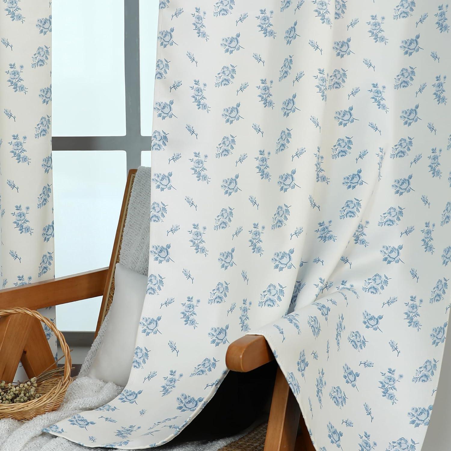 Cortinas Opacas Lino Rosa 213 cm Azul Floral para Dormitorio