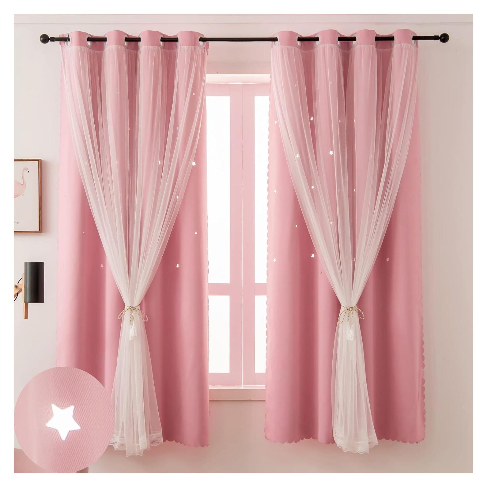 Cortina Opaca Rosa Ftinala 132x213 cm con Estrellas