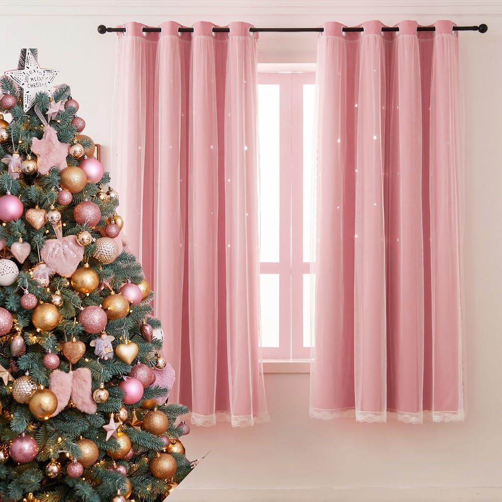 Cortina Opaca Rosa Ftinala 132x213 cm con Estrellas