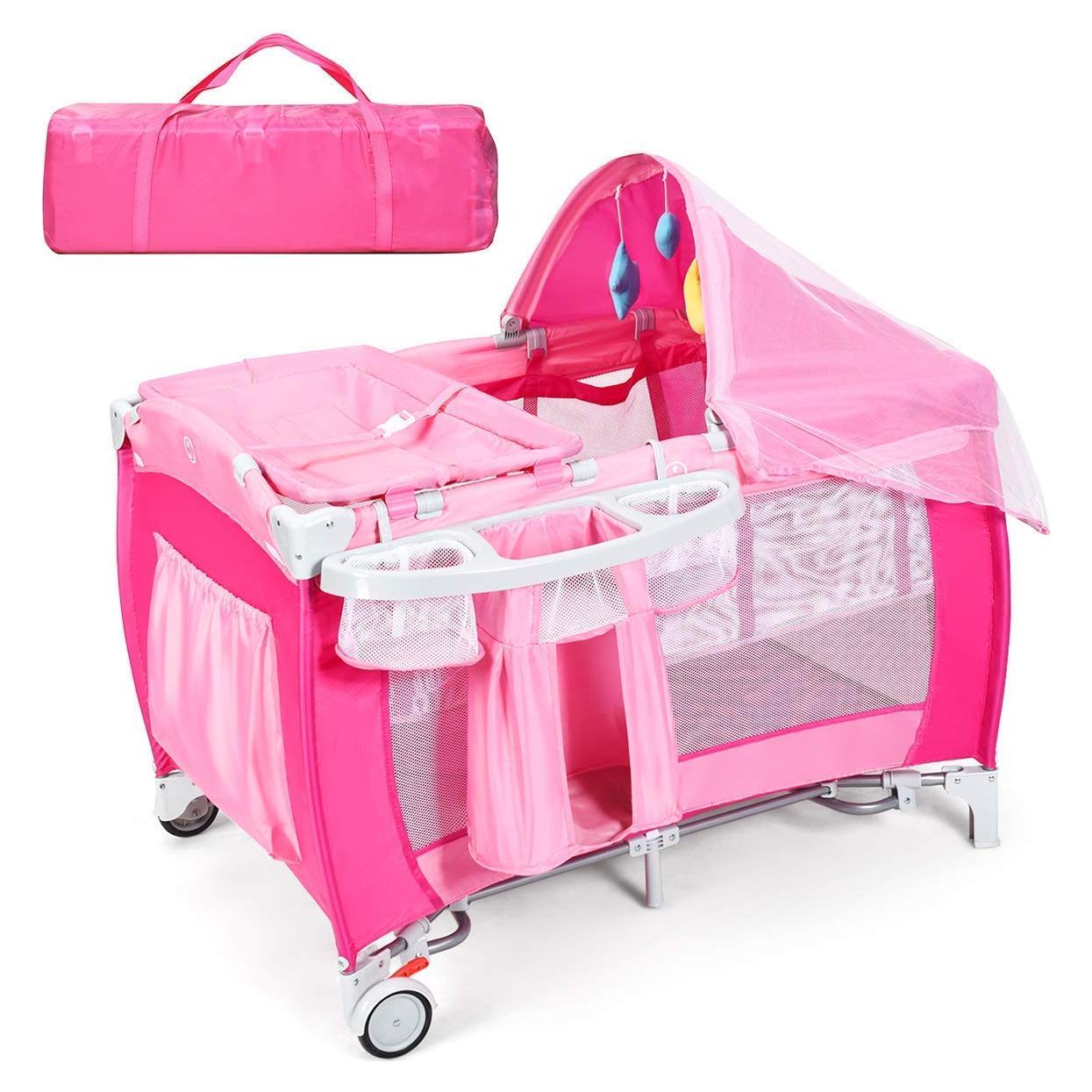 HONEY JOY Parque Infantil 4-en-1 Portátil Rosa con Cuna y Mesa de Cambio