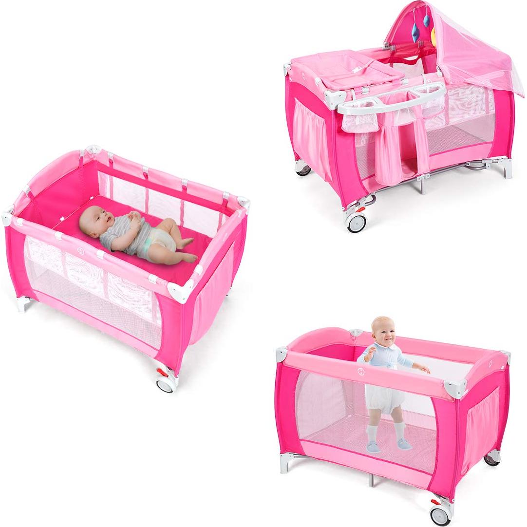 HONEY JOY Parque Infantil 4-en-1 Portátil Rosa con Cuna y Mesa de Cambio