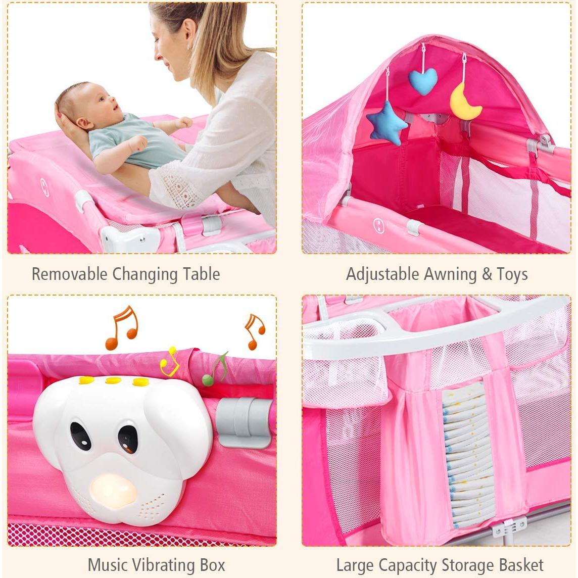 HONEY JOY Parque Infantil 4-en-1 Portátil Rosa con Cuna y Mesa de Cambio
