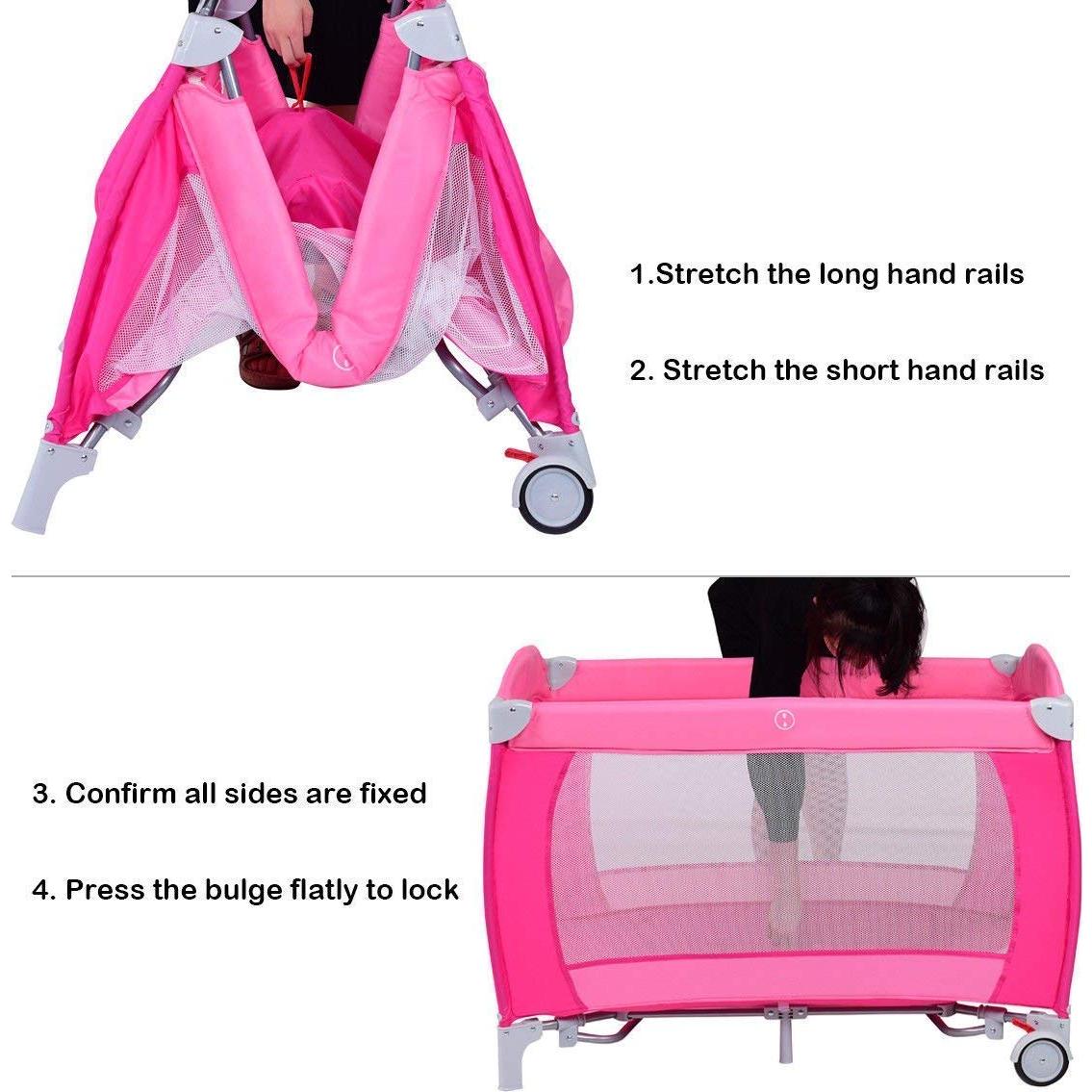 HONEY JOY Parque Infantil 4-en-1 Portátil Rosa con Cuna y Mesa de Cambio