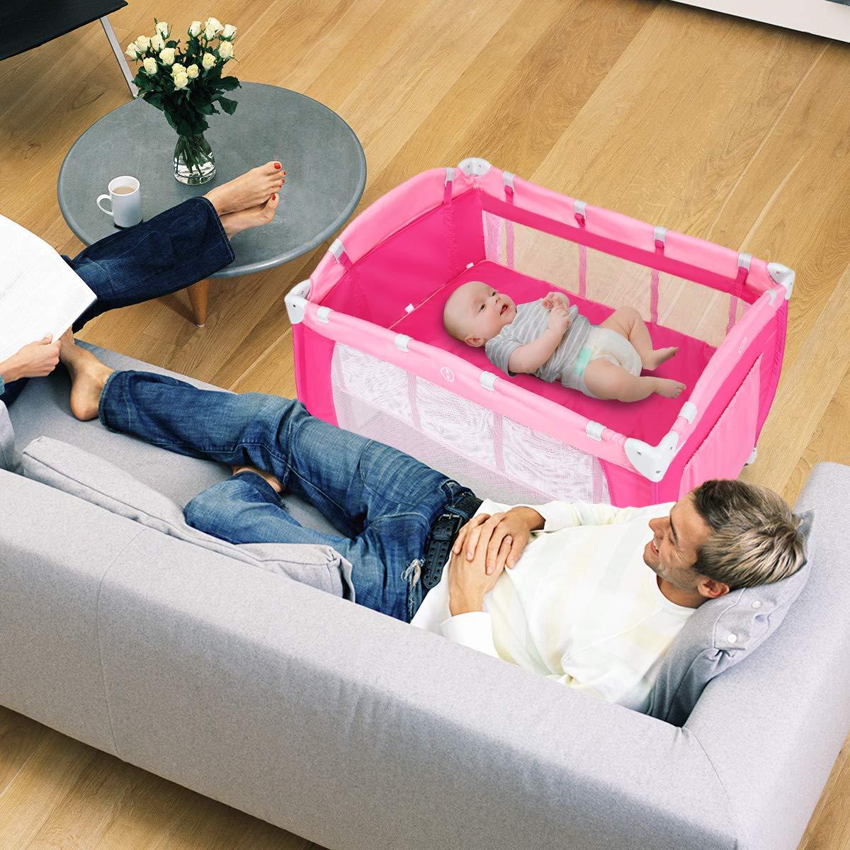 HONEY JOY Parque Infantil 4-en-1 Portátil Rosa con Cuna y Mesa de Cambio