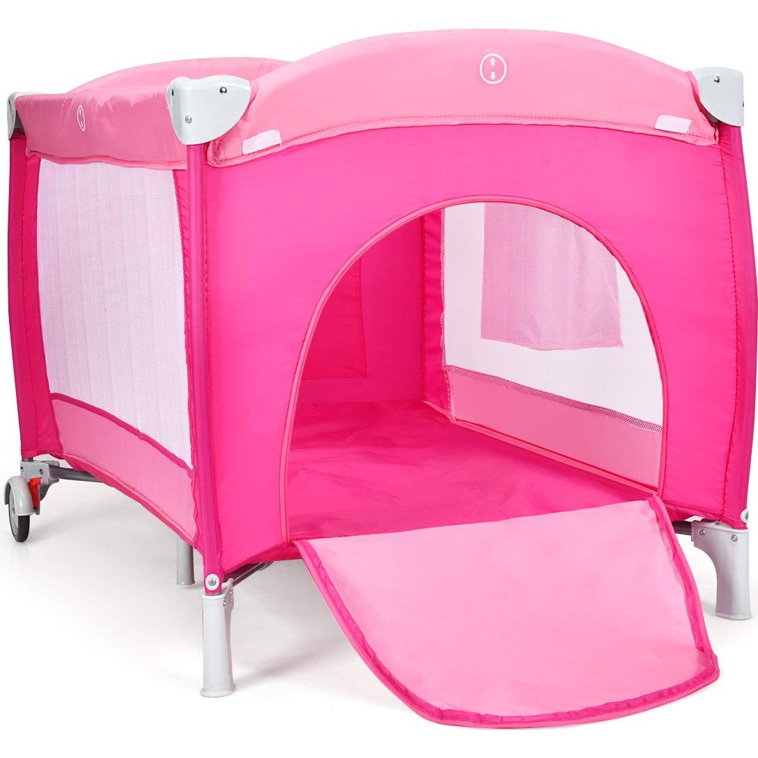 HONEY JOY Parque Infantil 4-en-1 Portátil Rosa con Cuna y Mesa de Cambio