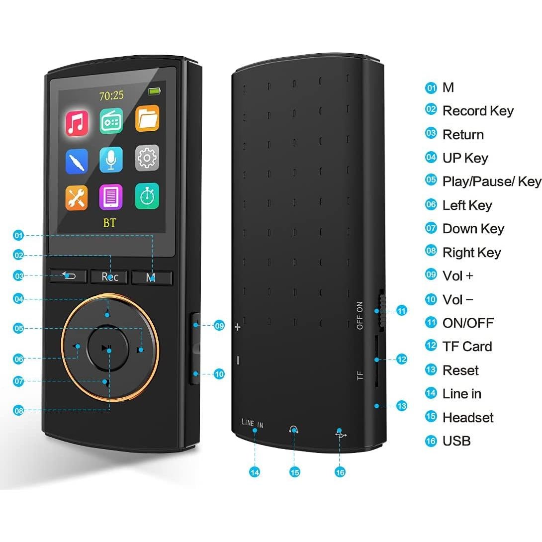 Reproductor MP3 MusRun Q8 64GB Bluetooth HiFi Deporte Negro