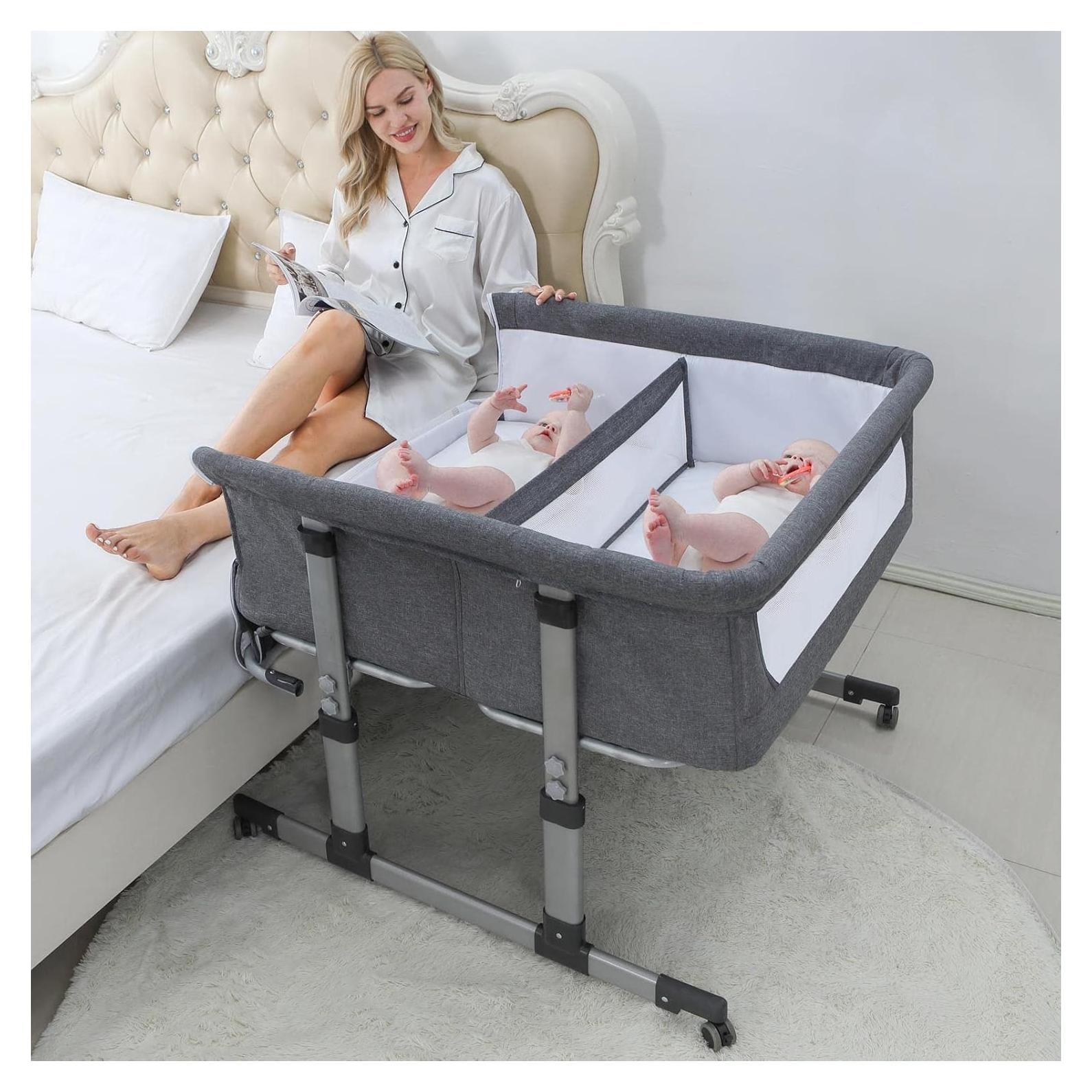 Cuna Doble Ihoming Lateral para Gemelos Ajustable Gris