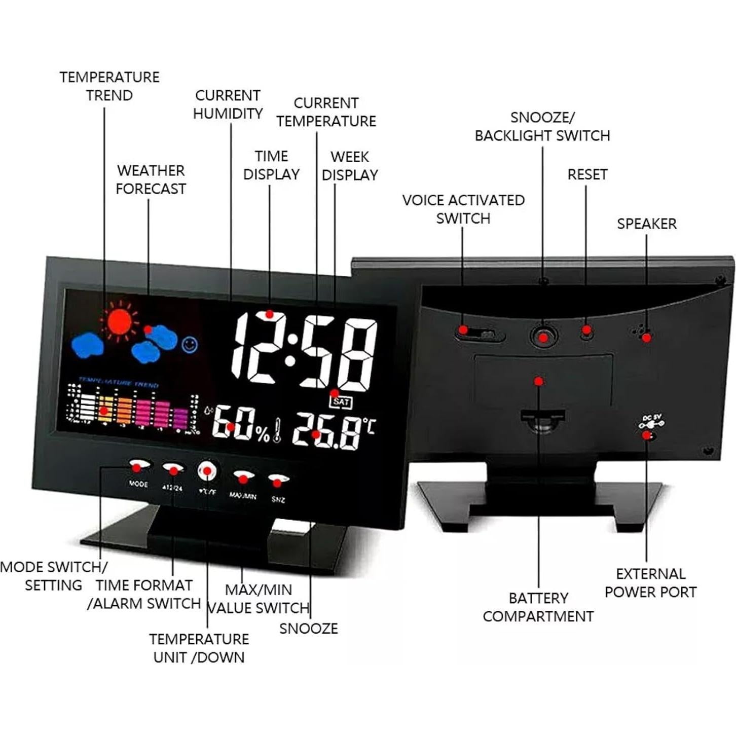 ikaufen Weather Station Wireless Indoor Thermometer Temperature Desk Digital Alarm Clock Weather Thermometer LED Temperature Humidity Monitor
