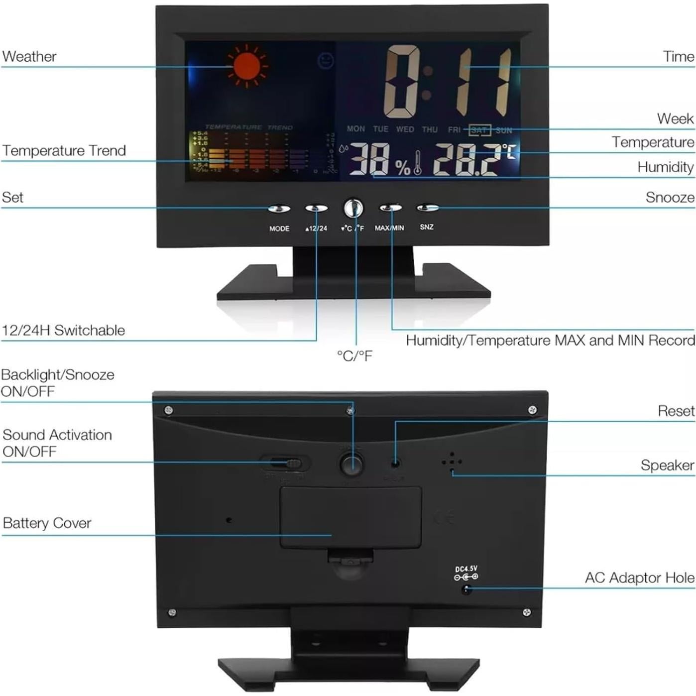 ikaufen Weather Station Wireless Indoor Thermometer Temperature Desk Digital Alarm Clock Weather Thermometer LED Temperature Humidity Monitor