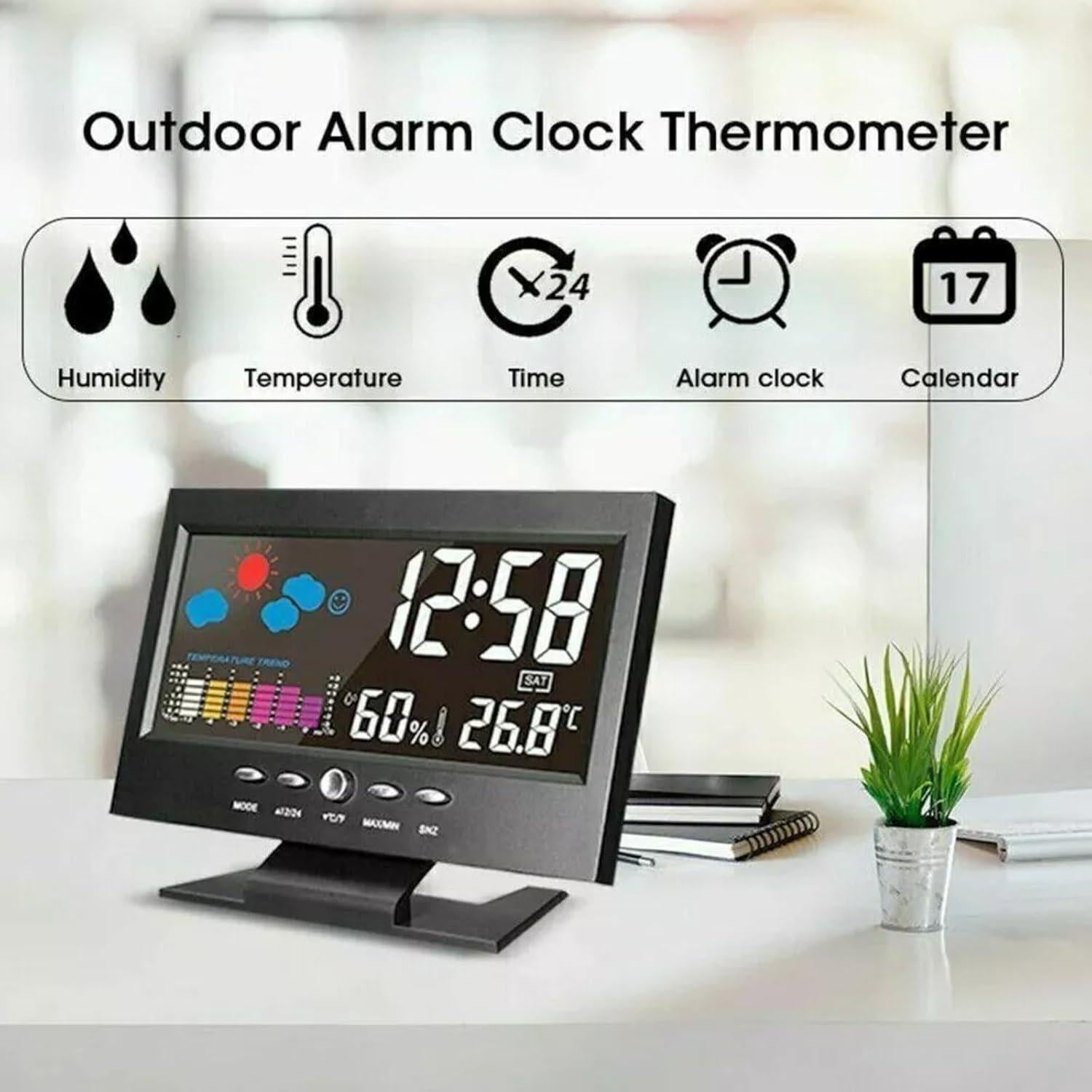 ikaufen Weather Station Wireless Indoor Thermometer Temperature Desk Digital Alarm Clock Weather Thermometer LED Temperature Humidity Monitor