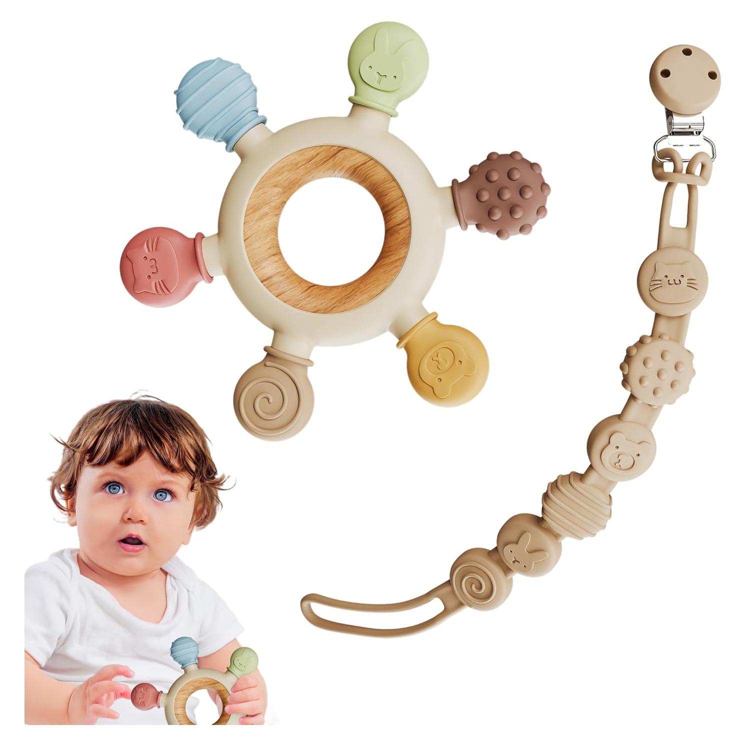 Mordedor para Bebés TinyToes Libre de BPA Silicona y Madera