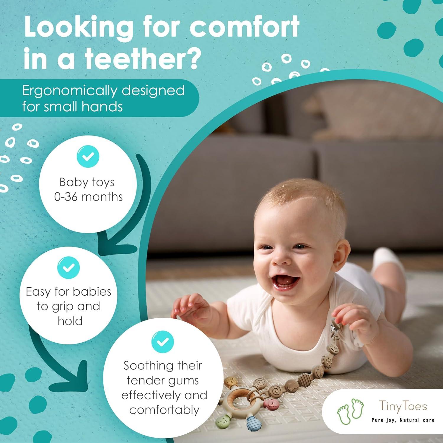 Mordedor para Bebés TinyToes Libre de BPA Silicona y Madera