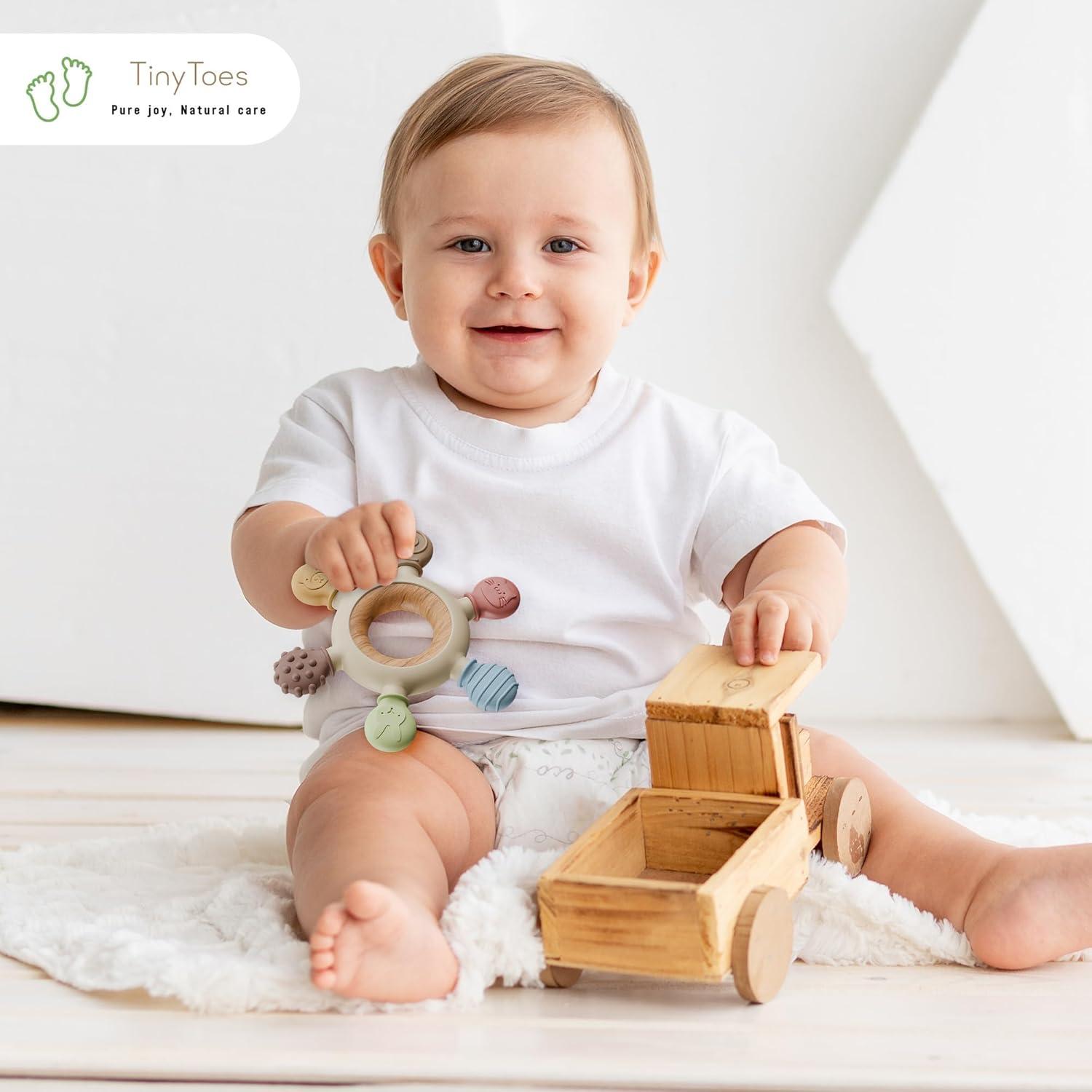 Mordedor para Bebés TinyToes Libre de BPA Silicona y Madera