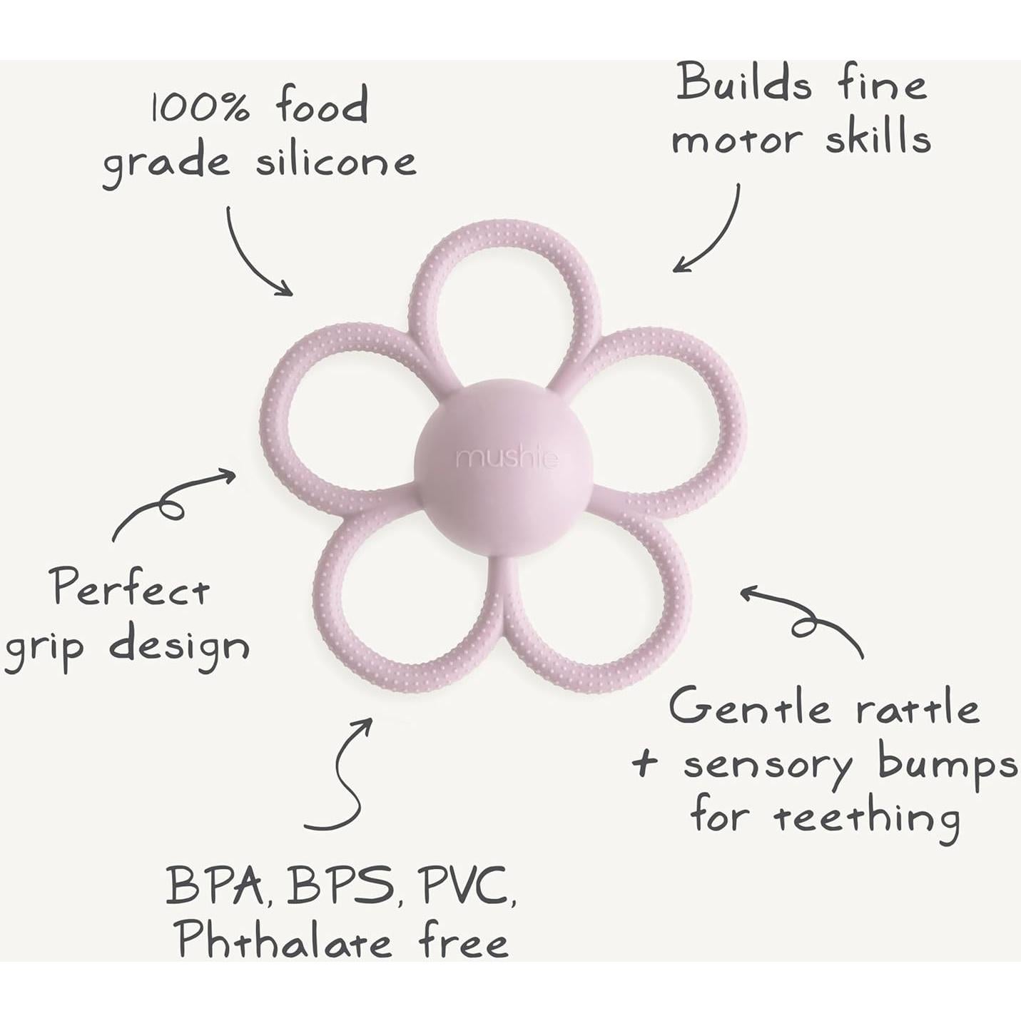 Mordedor y Sonajero de Silicona Mushie Margarita Lila Suave