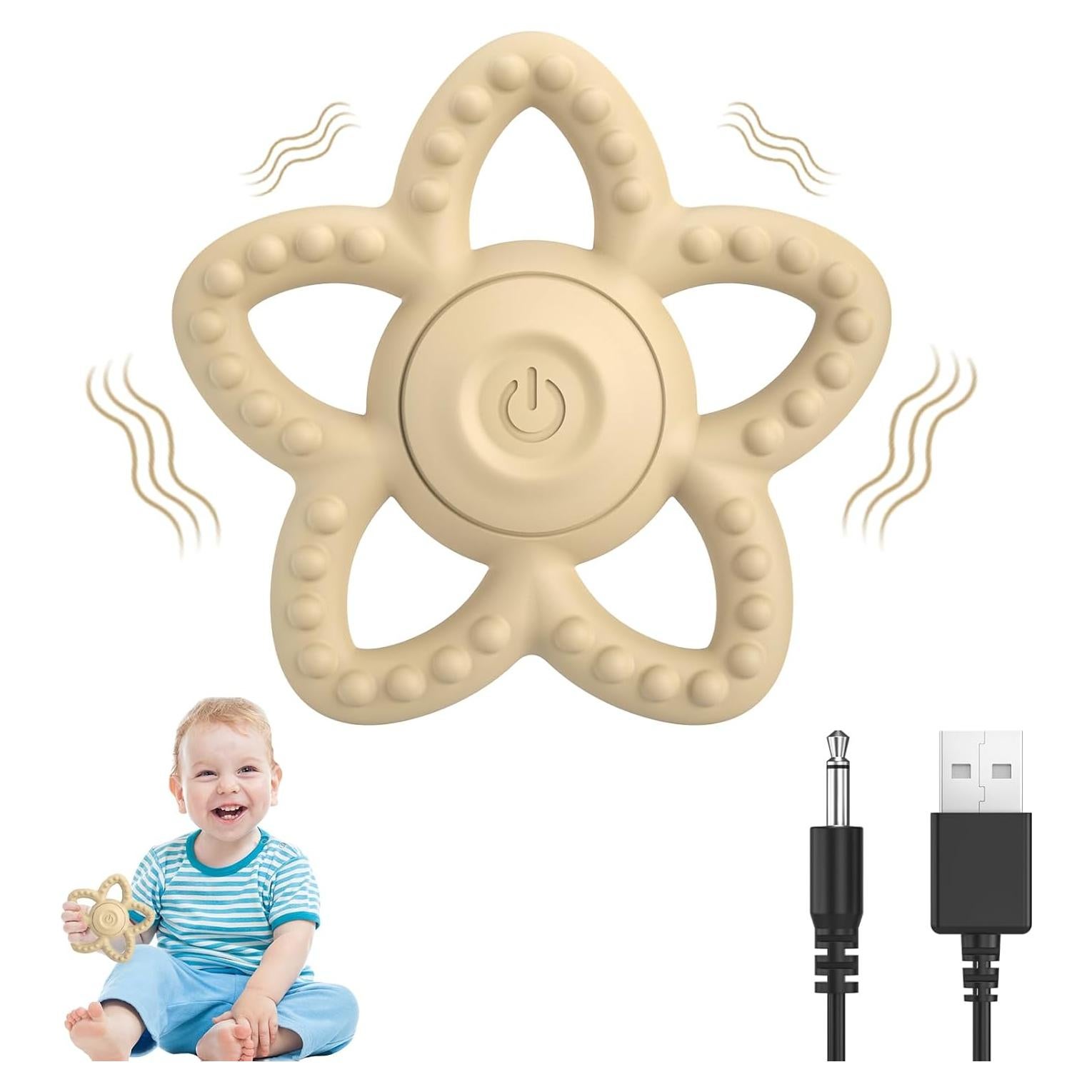 Juguete de Masticar Vibrante para Bebés - Silicona Beige, 3 Modos