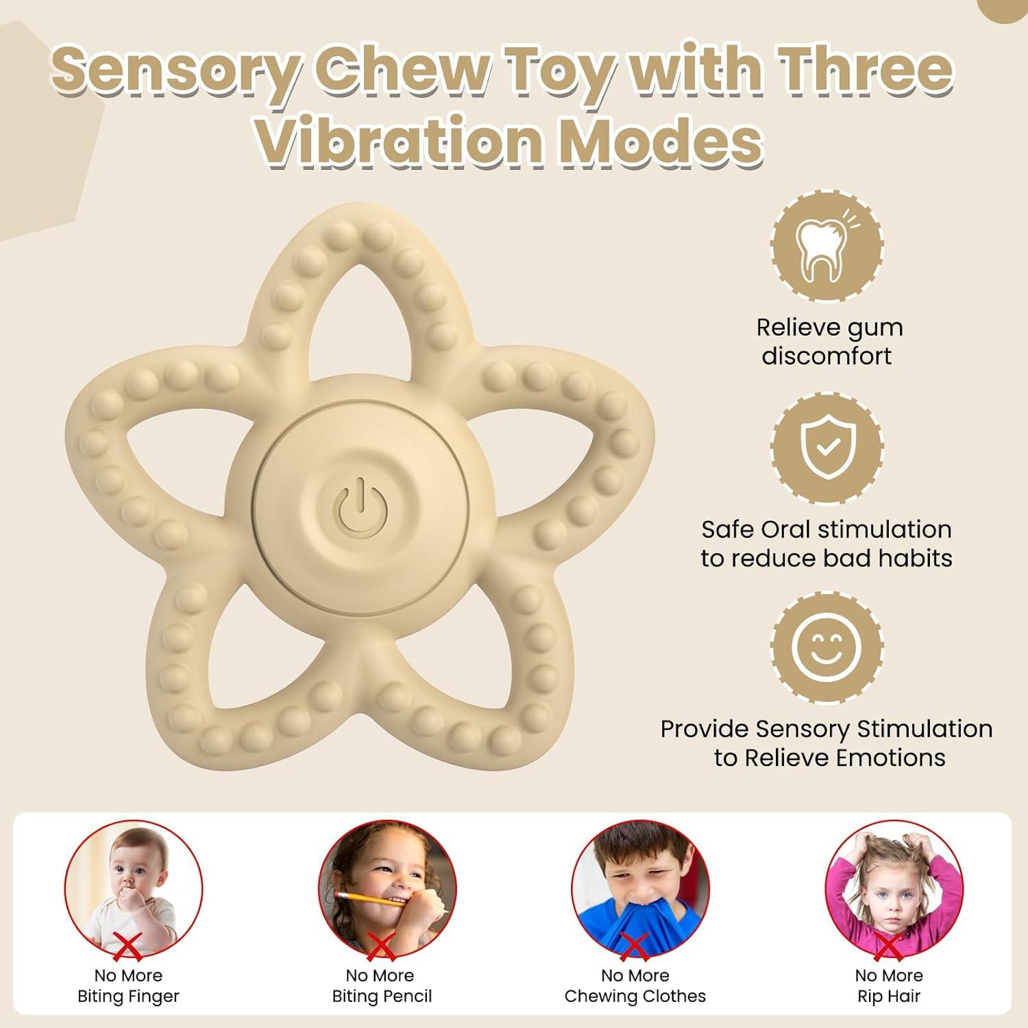 Juguete de Masticar Vibrante para Bebés - Silicona Beige, 3 Modos