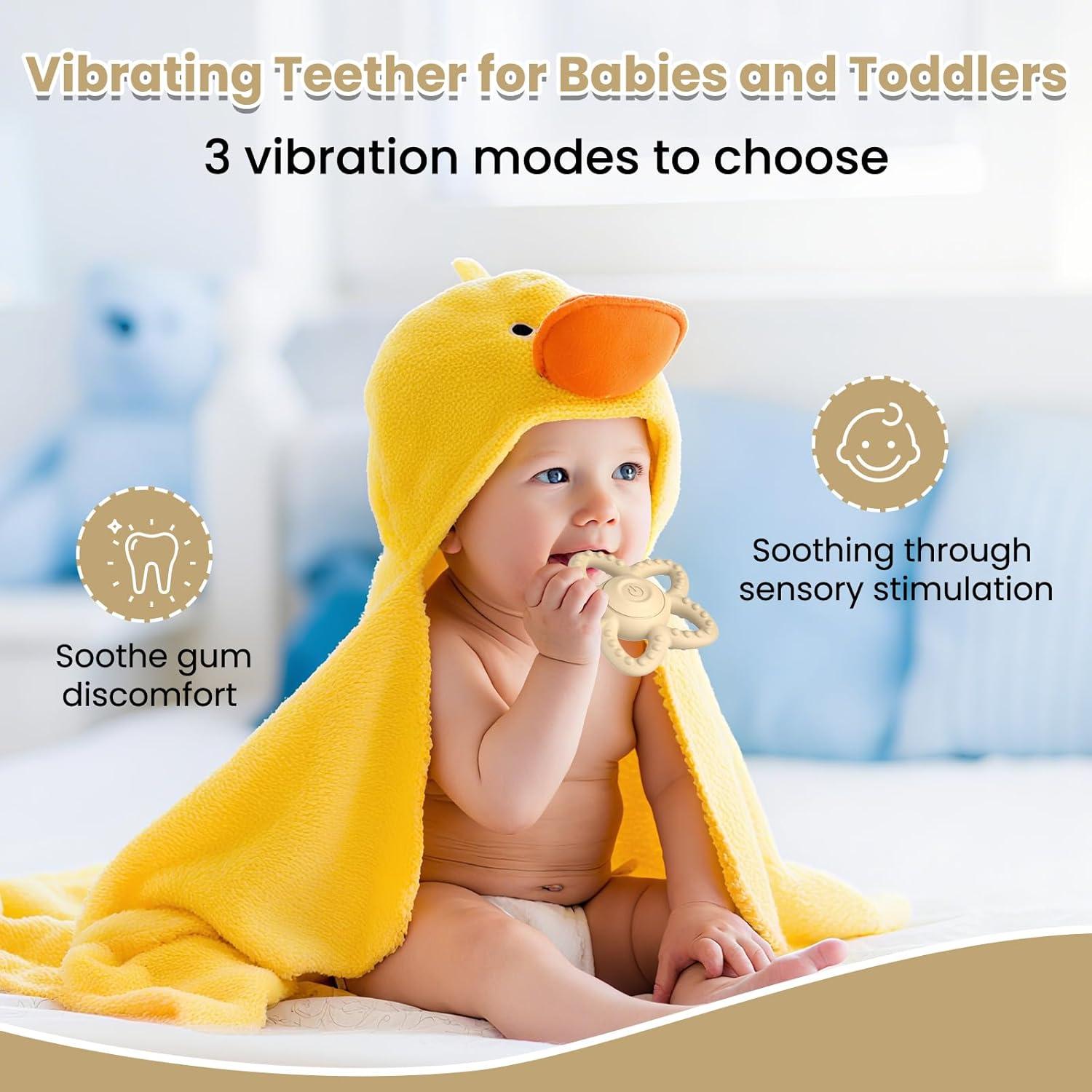 Juguete de Masticar Vibrante para Bebés - Silicona Beige, 3 Modos